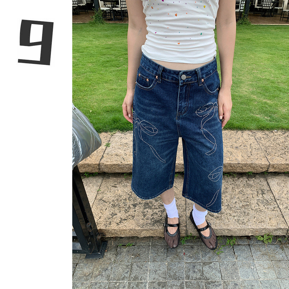 Rhinestone Bowknot Denim Shorts for Women Summer Shiny Wide-Leg Capri Pants
