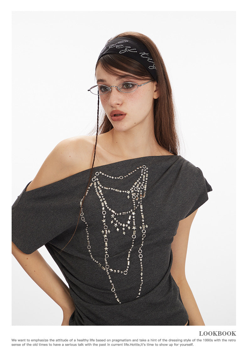 Off-shoulder design one-shoulder spicy short style T-shirt 2025 New summer short-sleeved off-shoulder top for women
