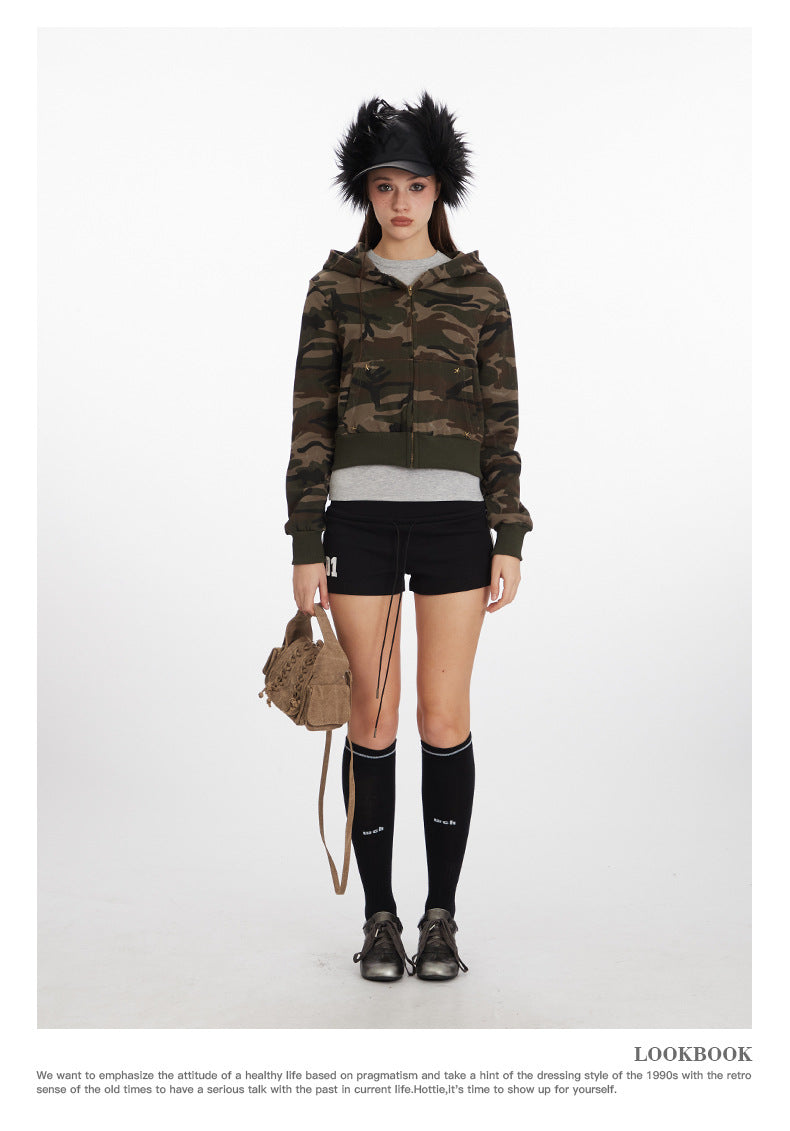 Camouflage short hot girl hooded sweatshirt for women2025Spring and Autumn Zipper Retro Cardigan Jacket