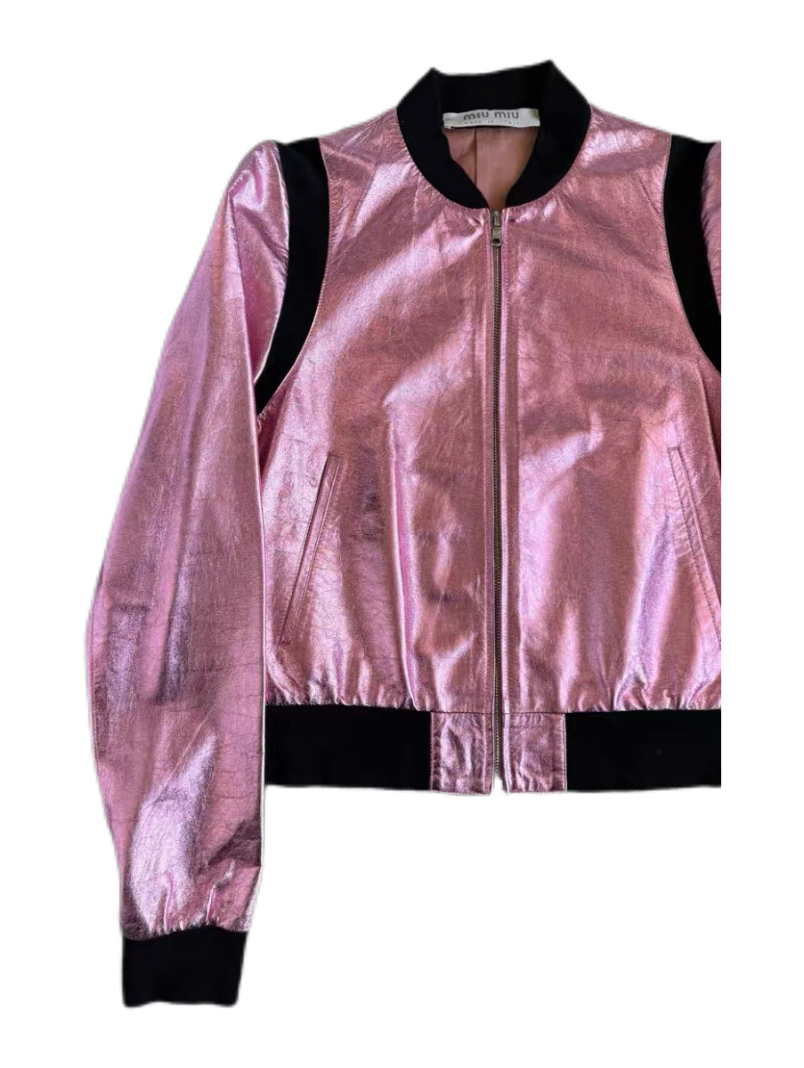 MIU MIU Metallic Pink Leather Bomber Jacket