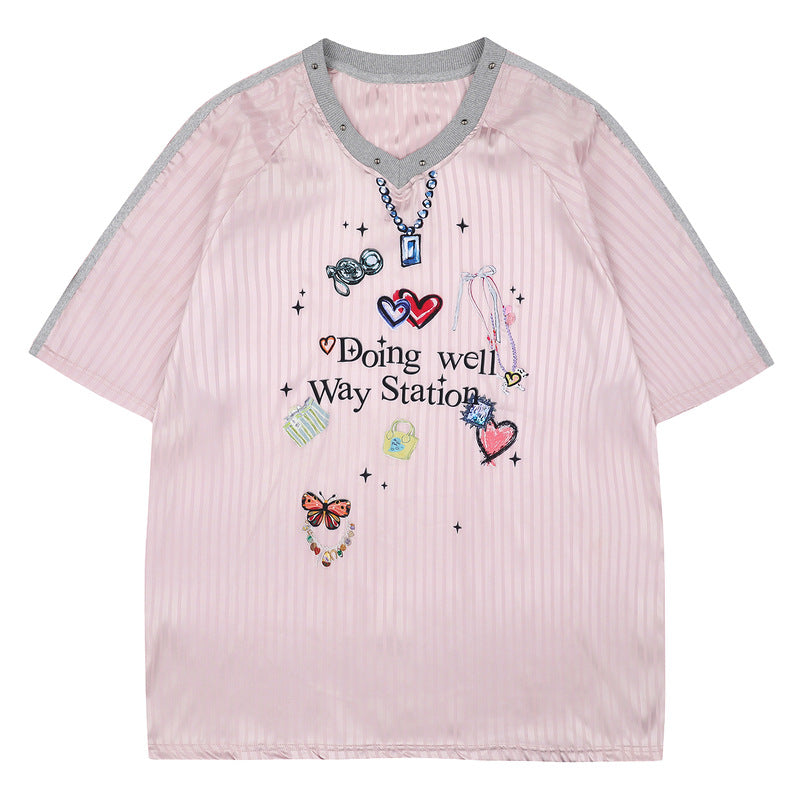 Sweet Sports Jersey V Collar pink short sleeves Unisex T-shirt 2025 Summer Fashion Trend