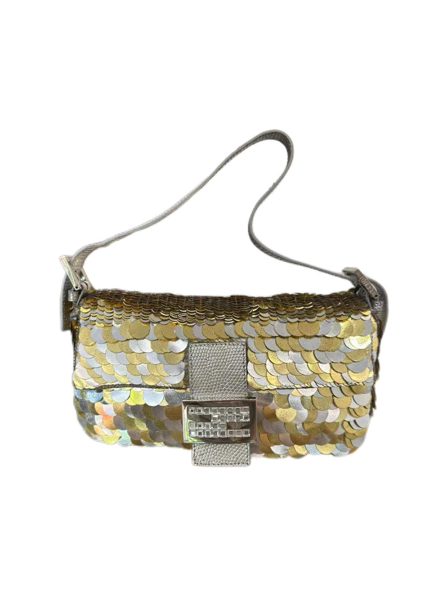 FENDI Rare Sequined Rhinestone Buckle Baguette Shoulder Bag