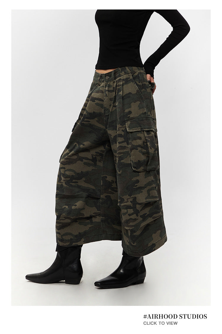 Retro Loose Camouflage Capri Pants American Style Casual Jeans for Men and Women High Street