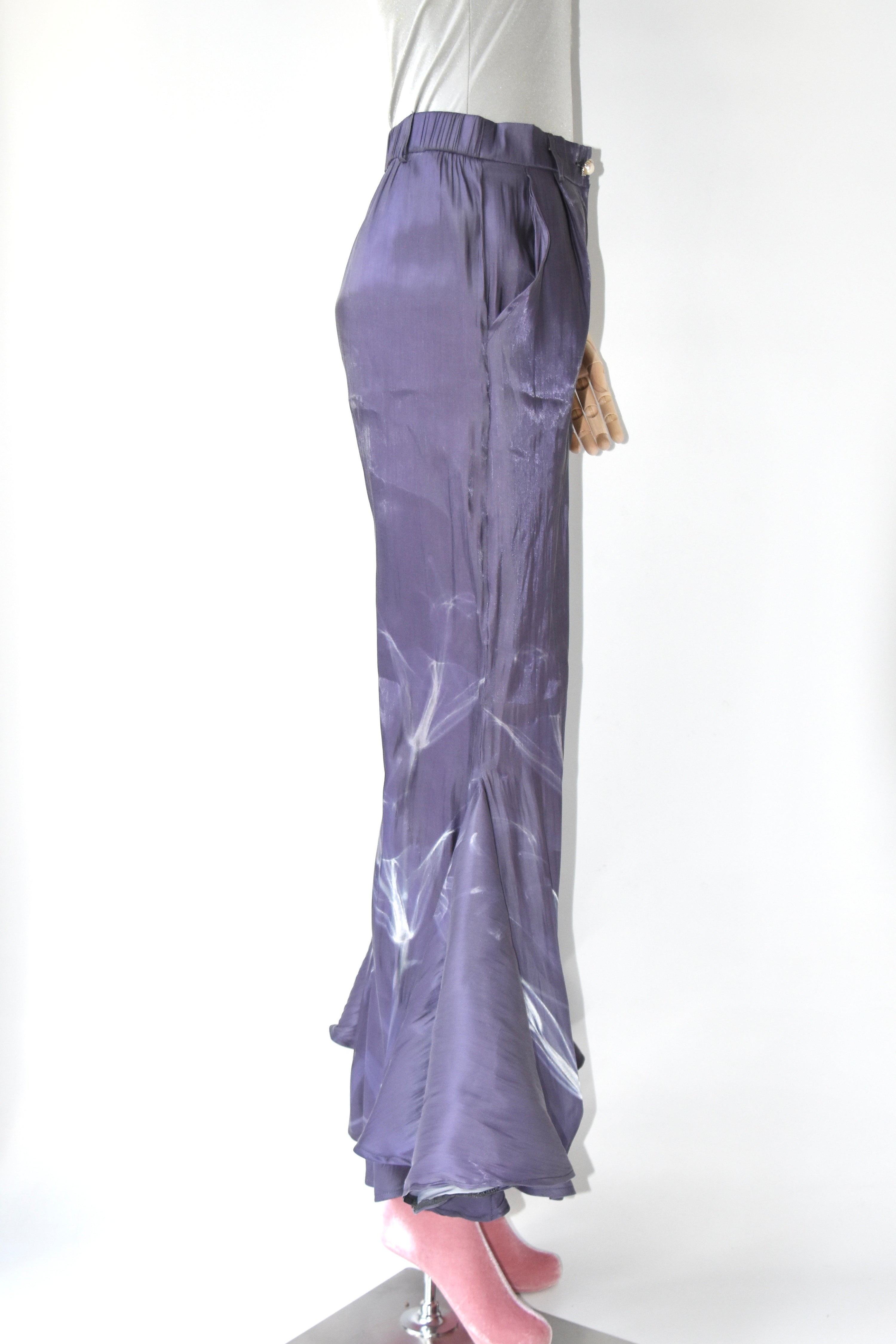 1200AM Purple Silk Lightning Print Flared Wide-Leg Trousers – Elastic Waist Statement Piece