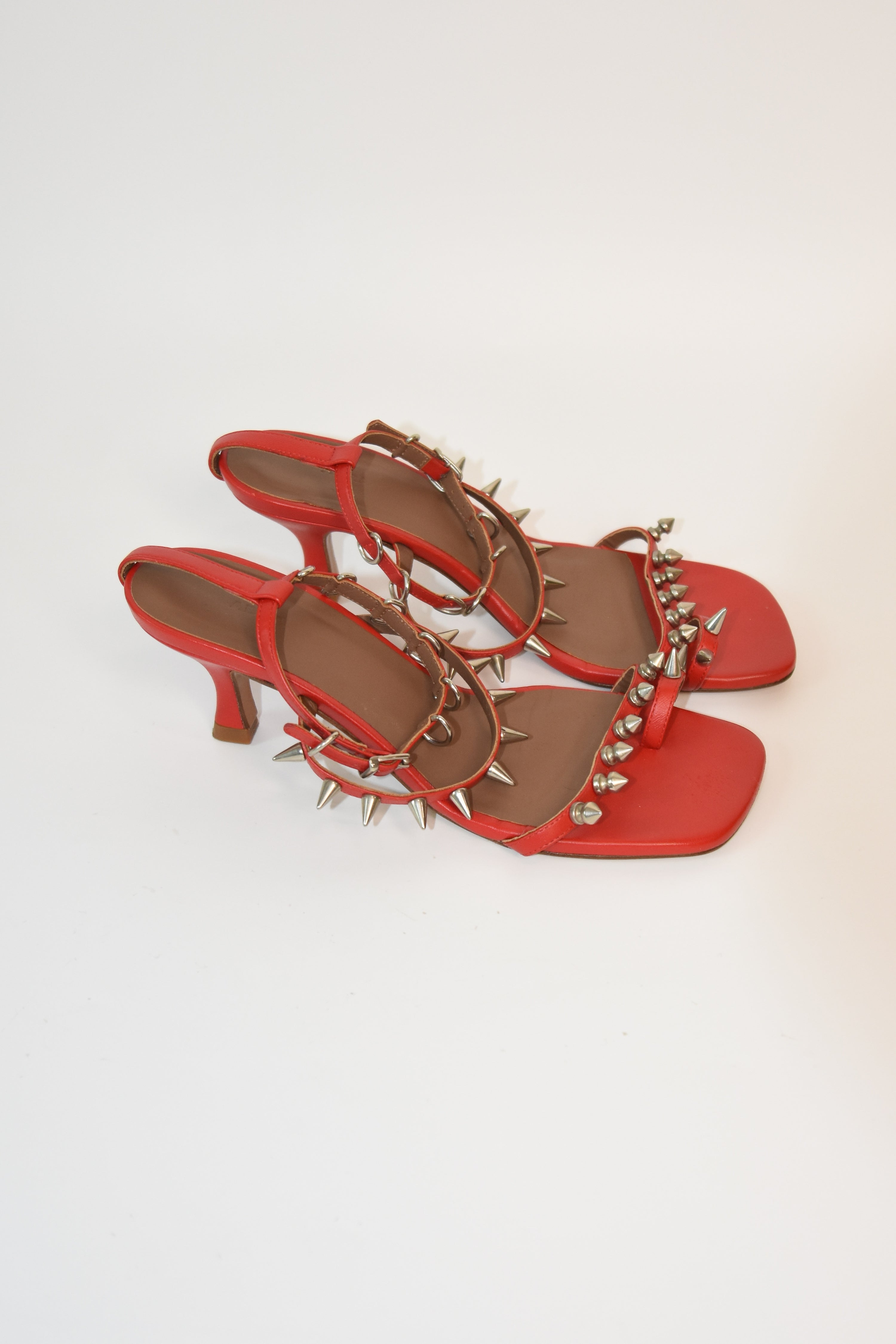 ABRA Spike-Strap Red Kitten Heel Sandals – Size 37 w/ Dust Bag & Box (Archive Minimalist)