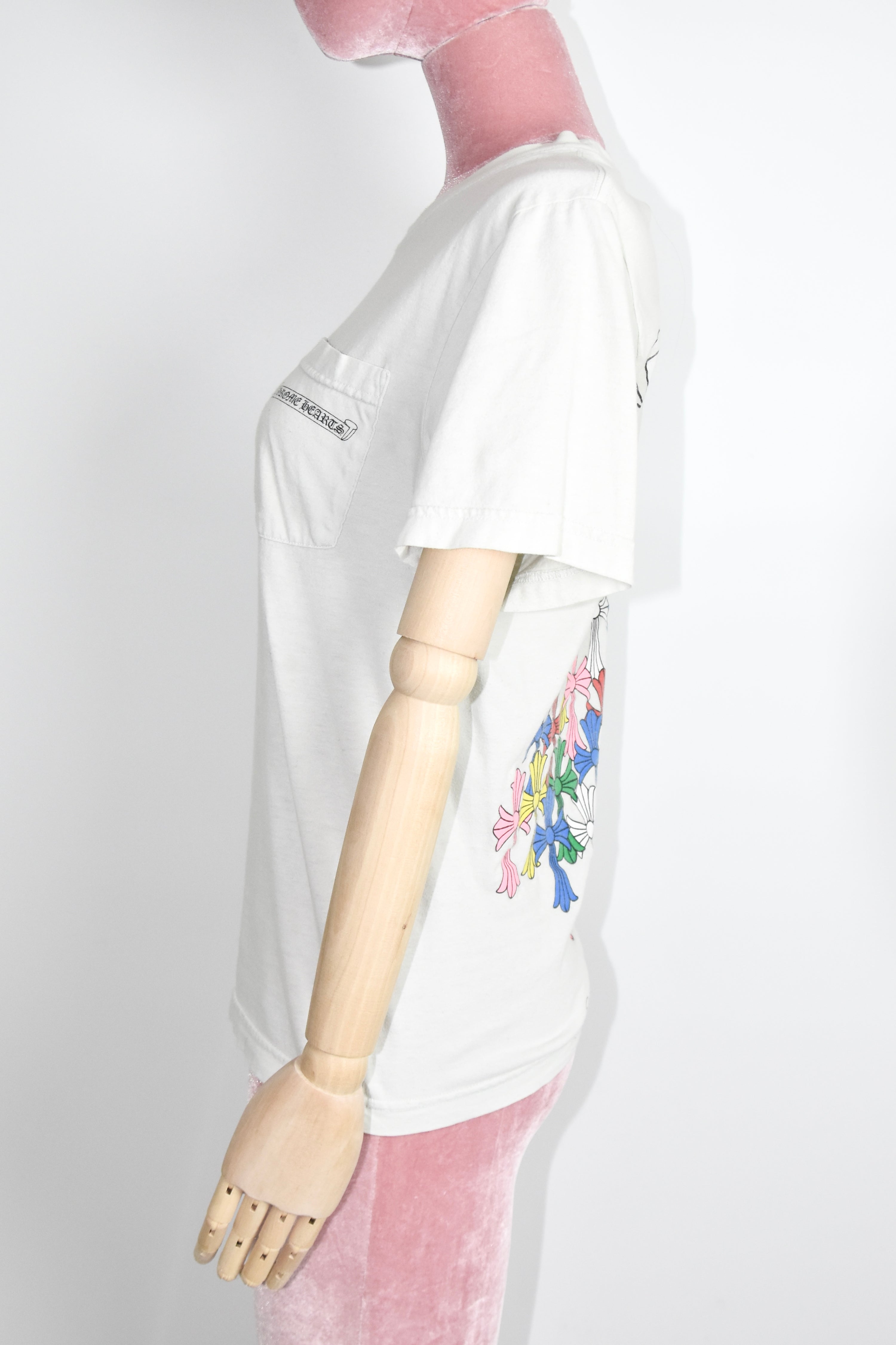 Chrome Hearts Cross Cluster Graphic T-Shirt – White Cotton Pocket Tee with Multicolor Cross Print