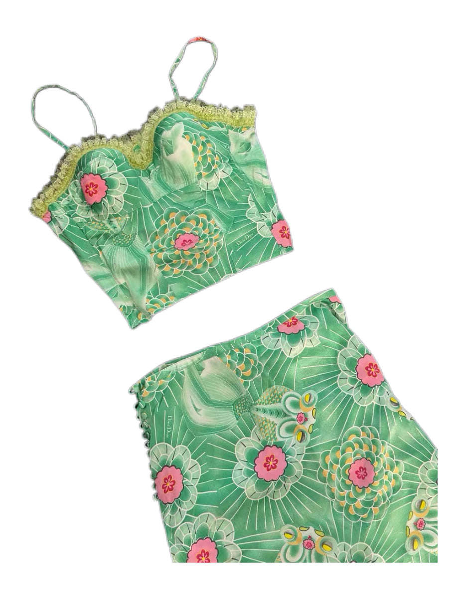 Christian Dior by John Galliano 2003 Rare Oriental Goldfish Ukiyo-e Print Corset & Skirt Set