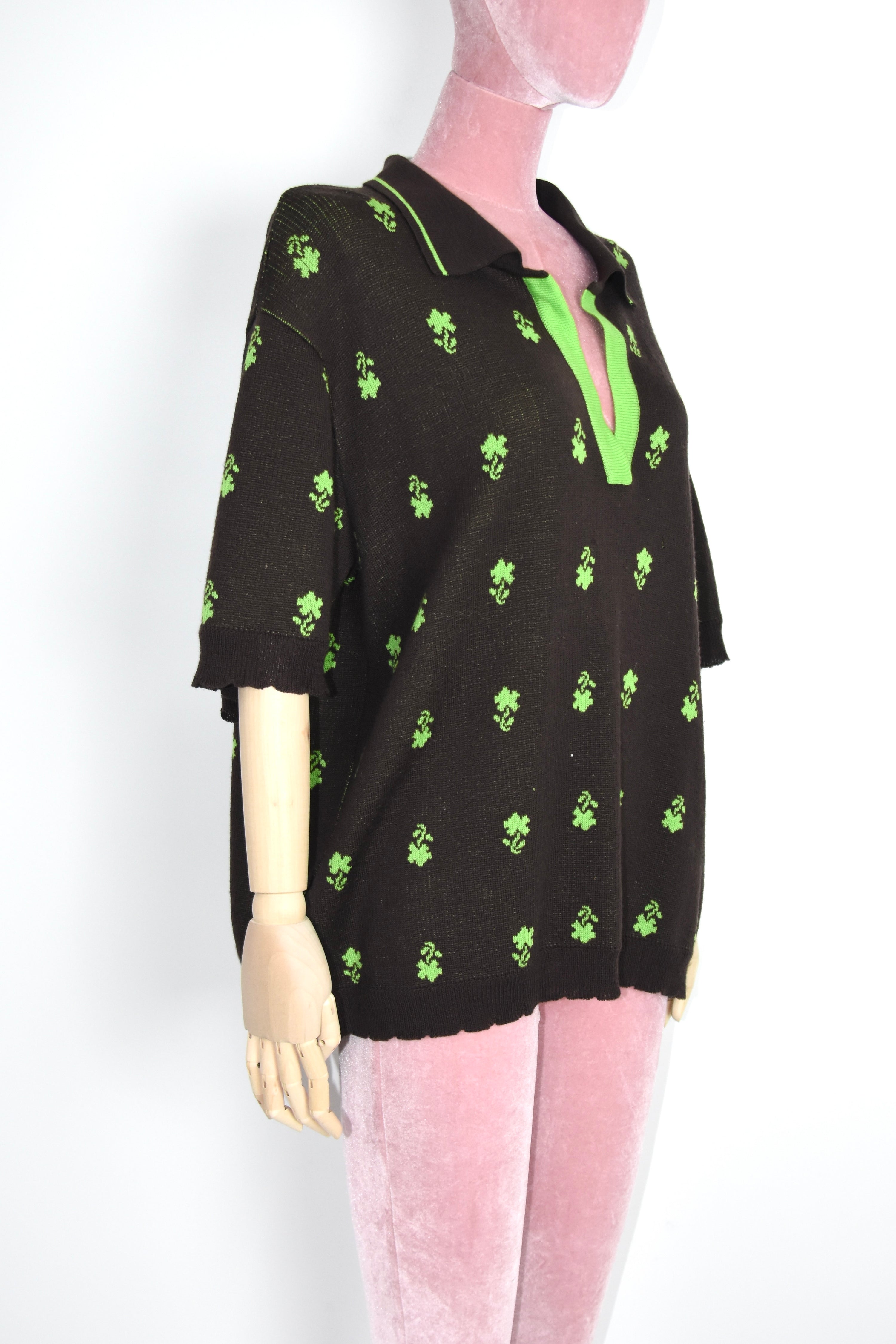 SKARULE Green Floral Jacquard Knit Polo Shirt