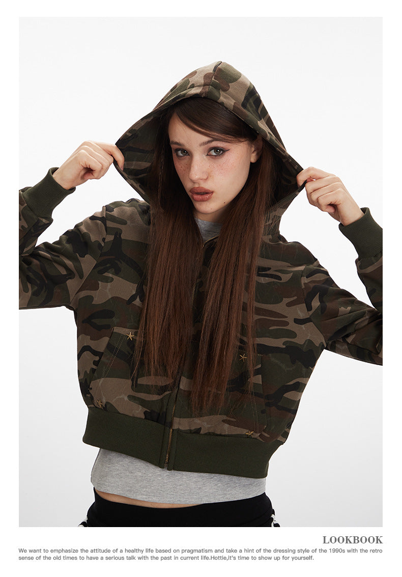 Camouflage short hot girl hooded sweatshirt for women2025Spring and Autumn Zipper Retro Cardigan Jacket