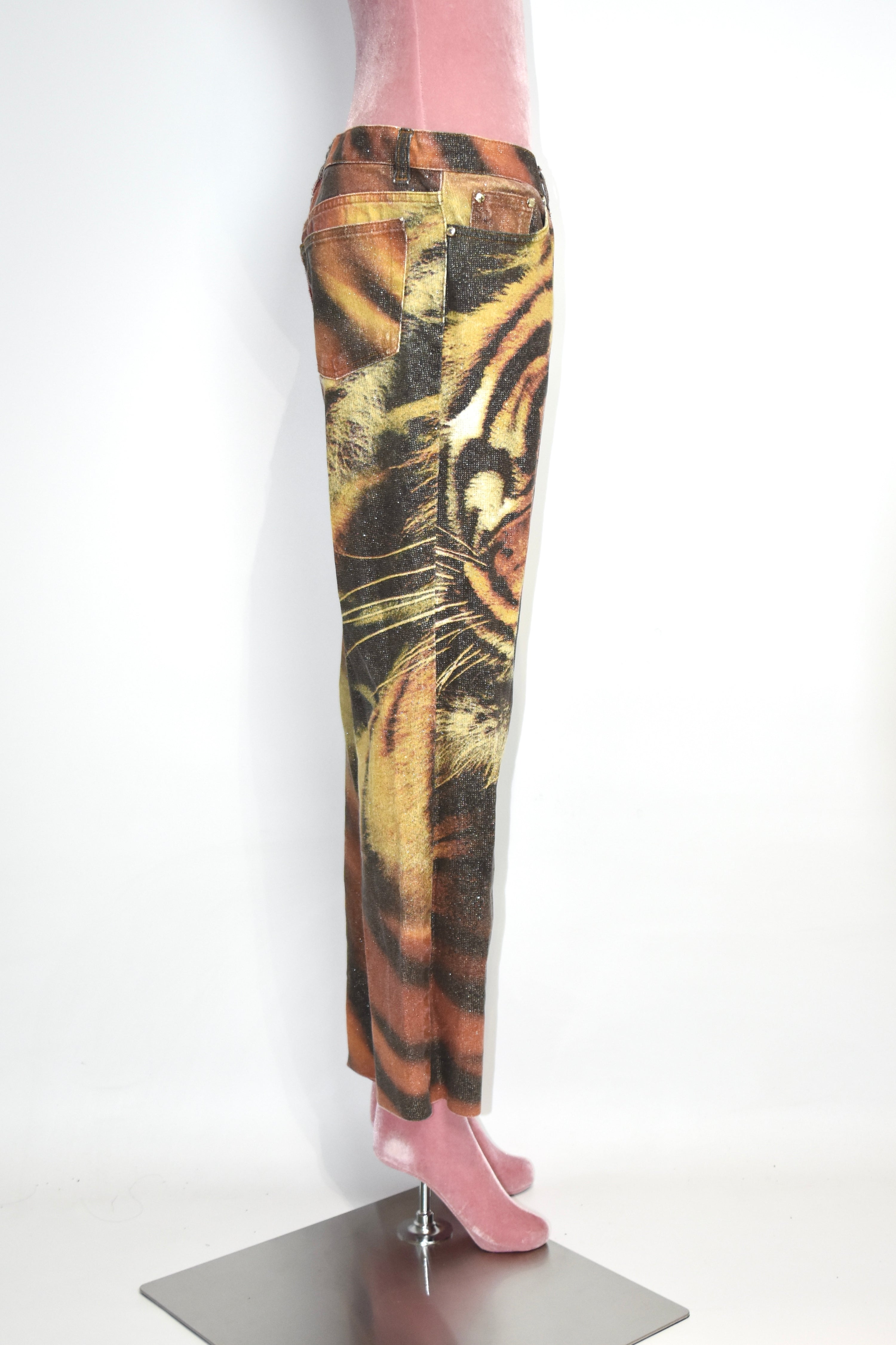 Roberto Cavalli Vintage Glitter Tiger Print Low-Rise Jeans (Rare Y2K Era Statement Denim)