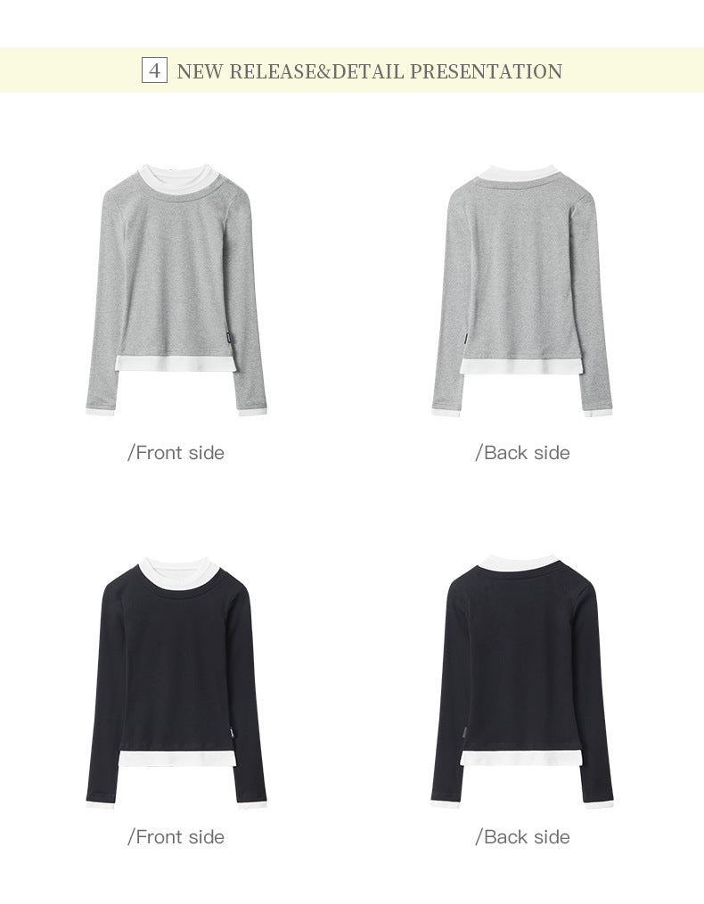 Color Block Trim Round Neck Long Sleeve T Women's New Slim Fit Shirt ins