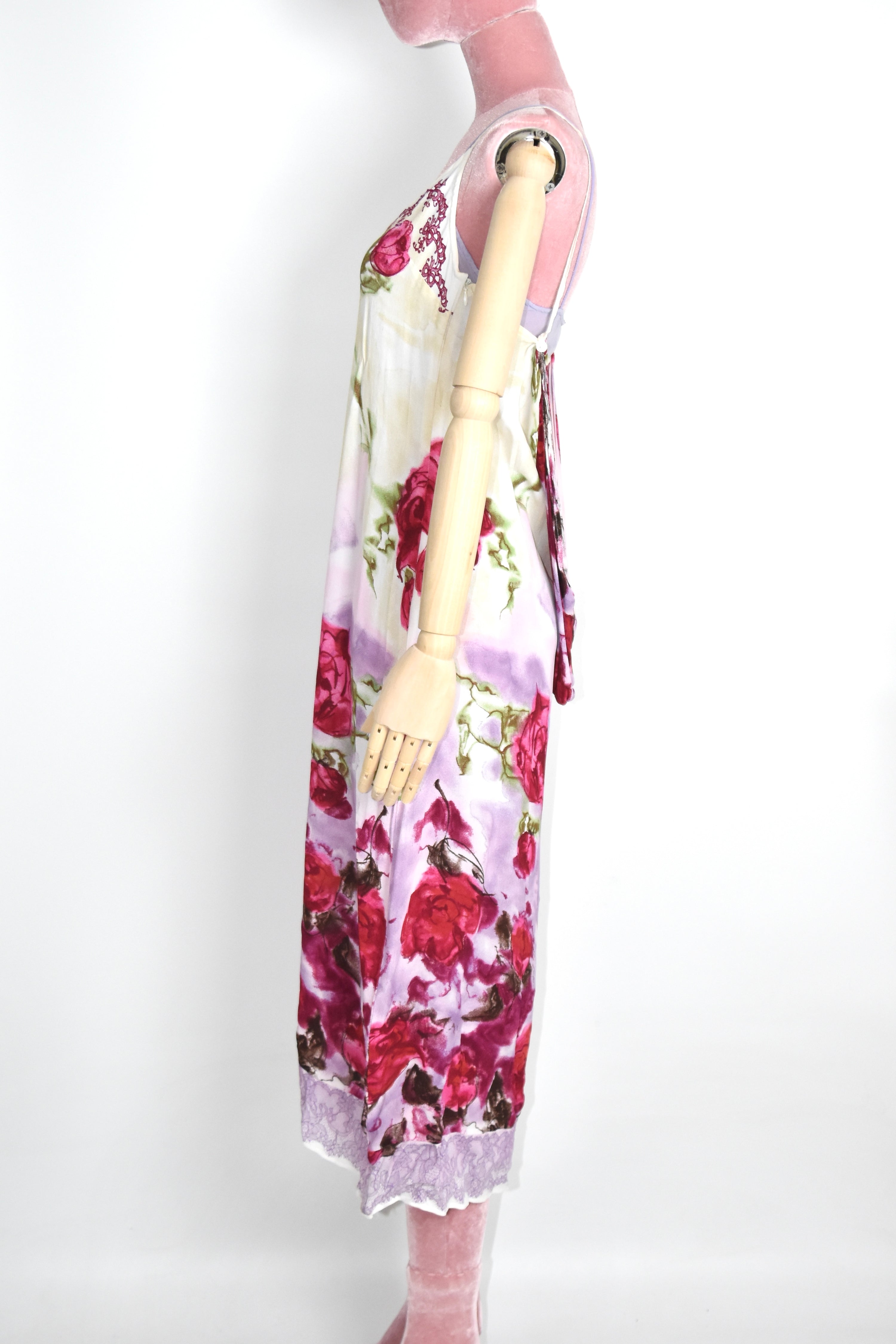 Blumarine F/W 1997 Rose-Print Layered Hooded Slip Dress