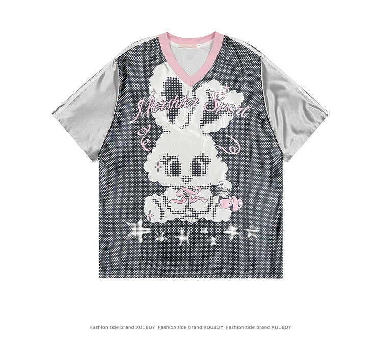 Retro Rabbit Print Short Sleeve T Shirts Unisex loose casual street sports V Collared Jersey Base Shirt