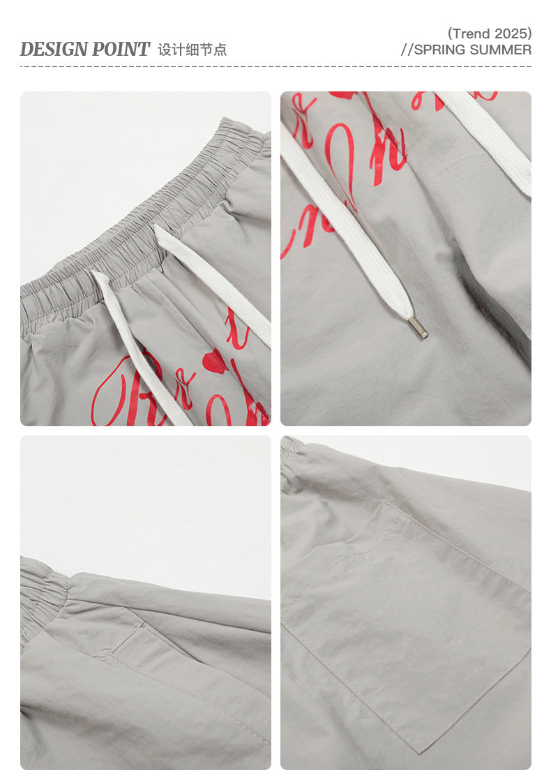 Men's Letter Print Pleated Casual Pants Women's Trendy Loose Cargo Wide-Leg Scimitar Pants