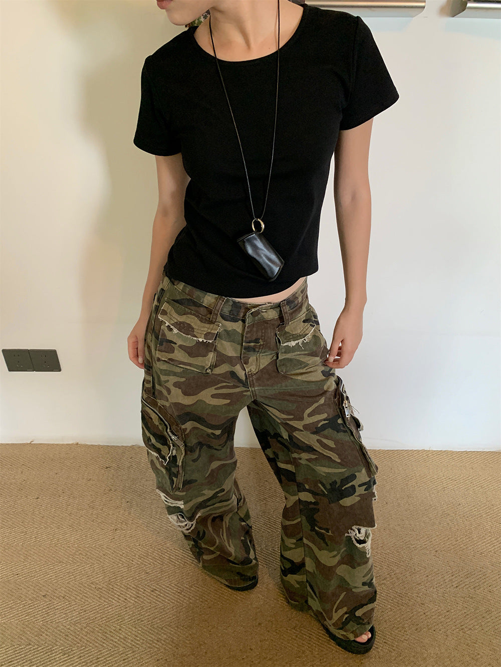 Retro camouflage workwear jeans Summer Ripped Casual Long Pants for Women