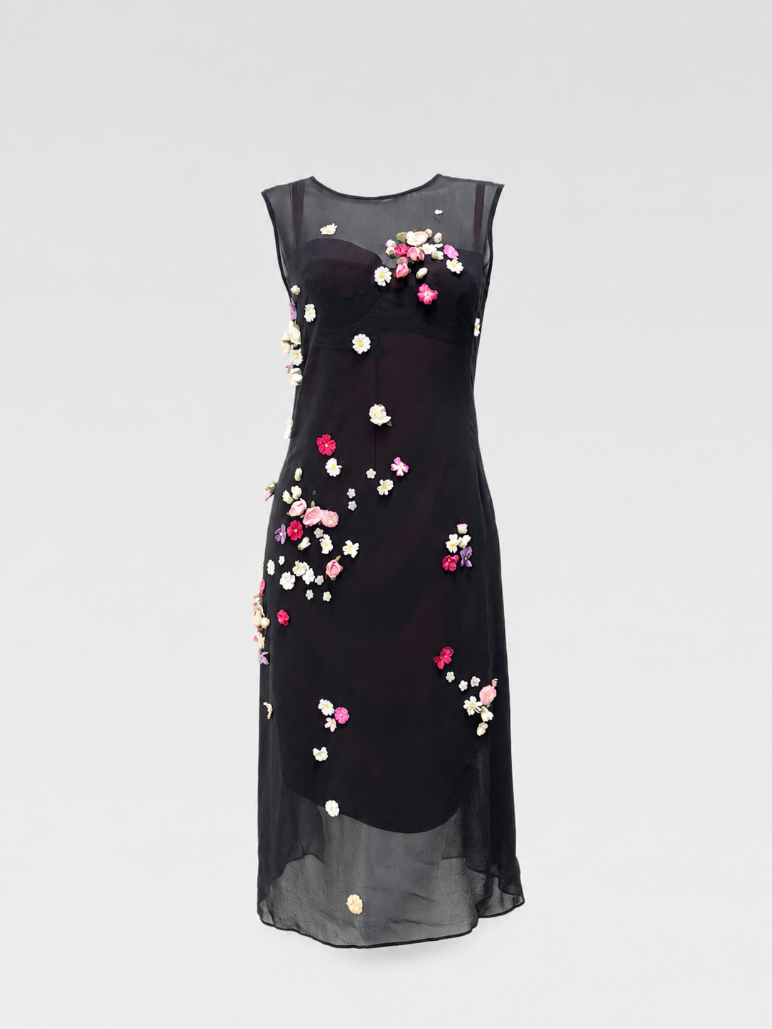 Dolce & Gabbana 1999 Runway Floral Appliqué Sheer Silk Layered Dress Set
