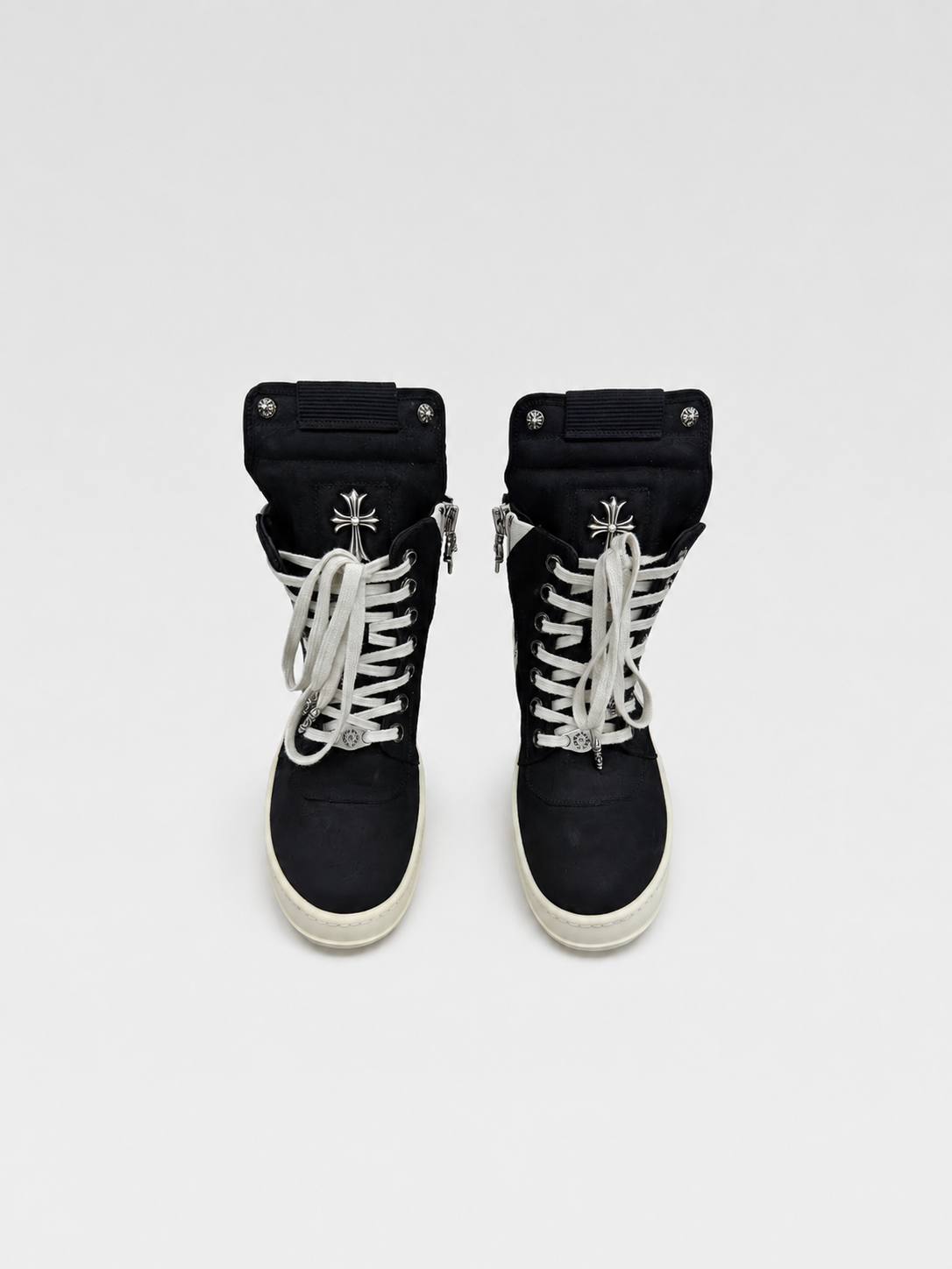Rick Owens × Chrome Hearts Suede Geobasket High-Top Sneakers – Dagger Hardware Gothic Punk Collaboration Rare Archive Pair