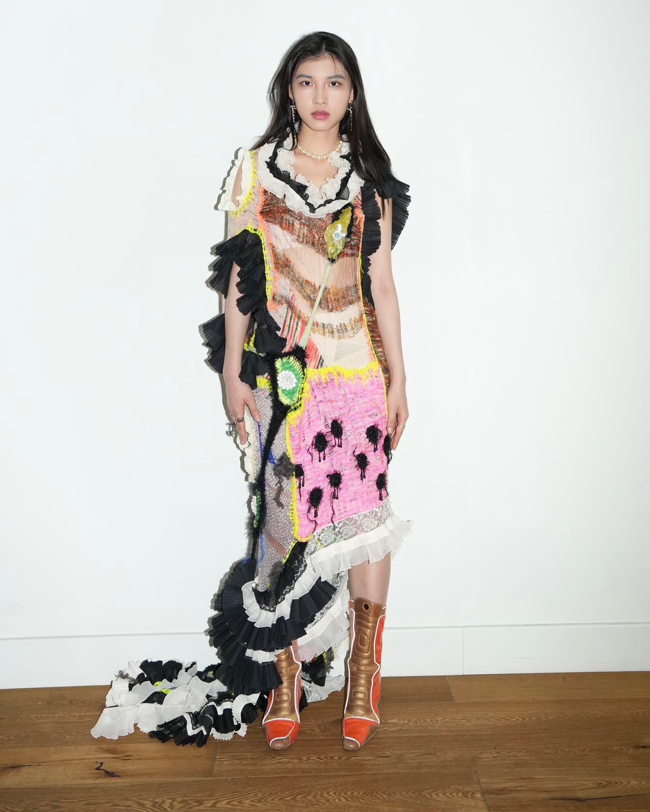 YAONOVA Hand-Knitted Ruffle Dress with Train