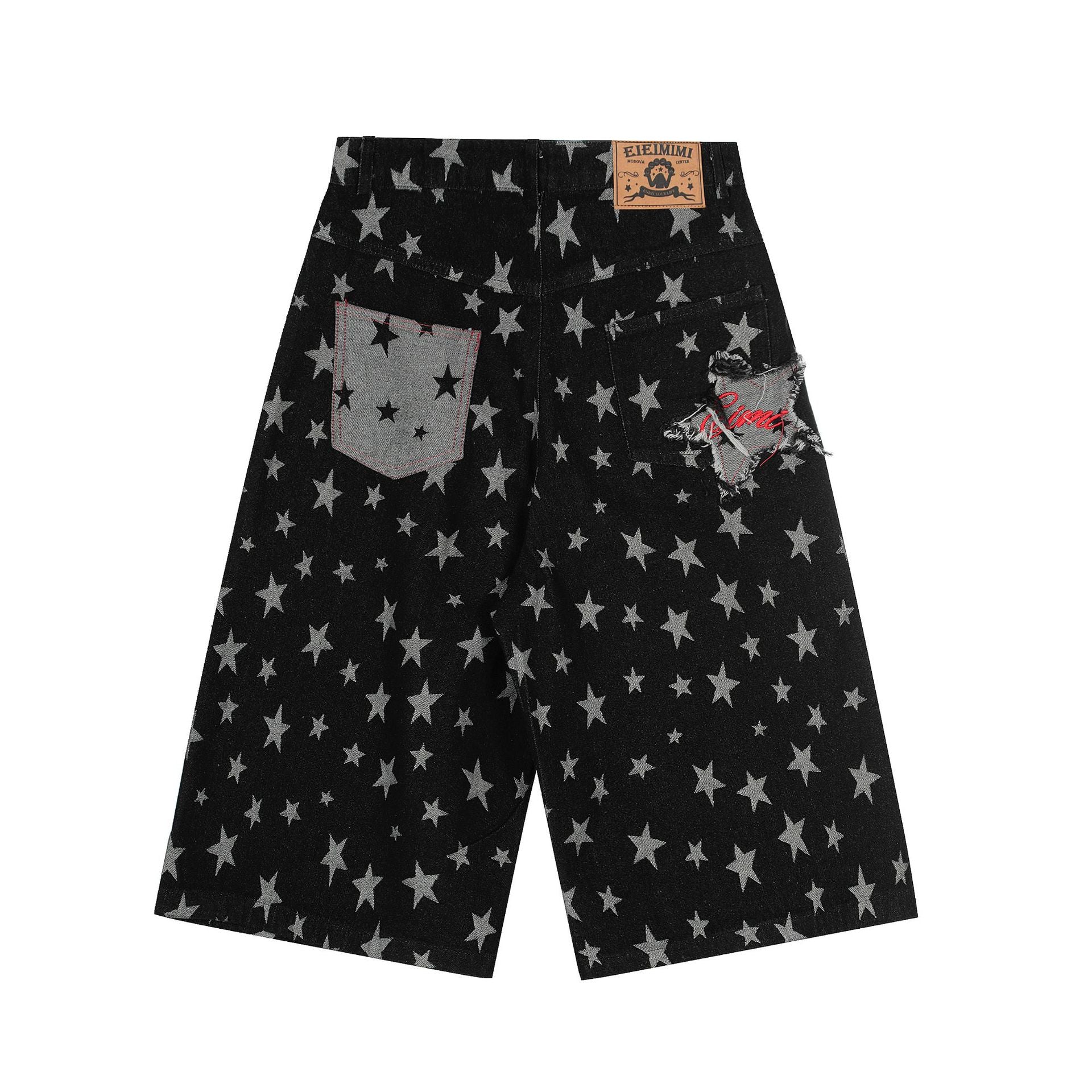 Blue and Bllack Y2K Stars Denim Shorts Straight Jeans