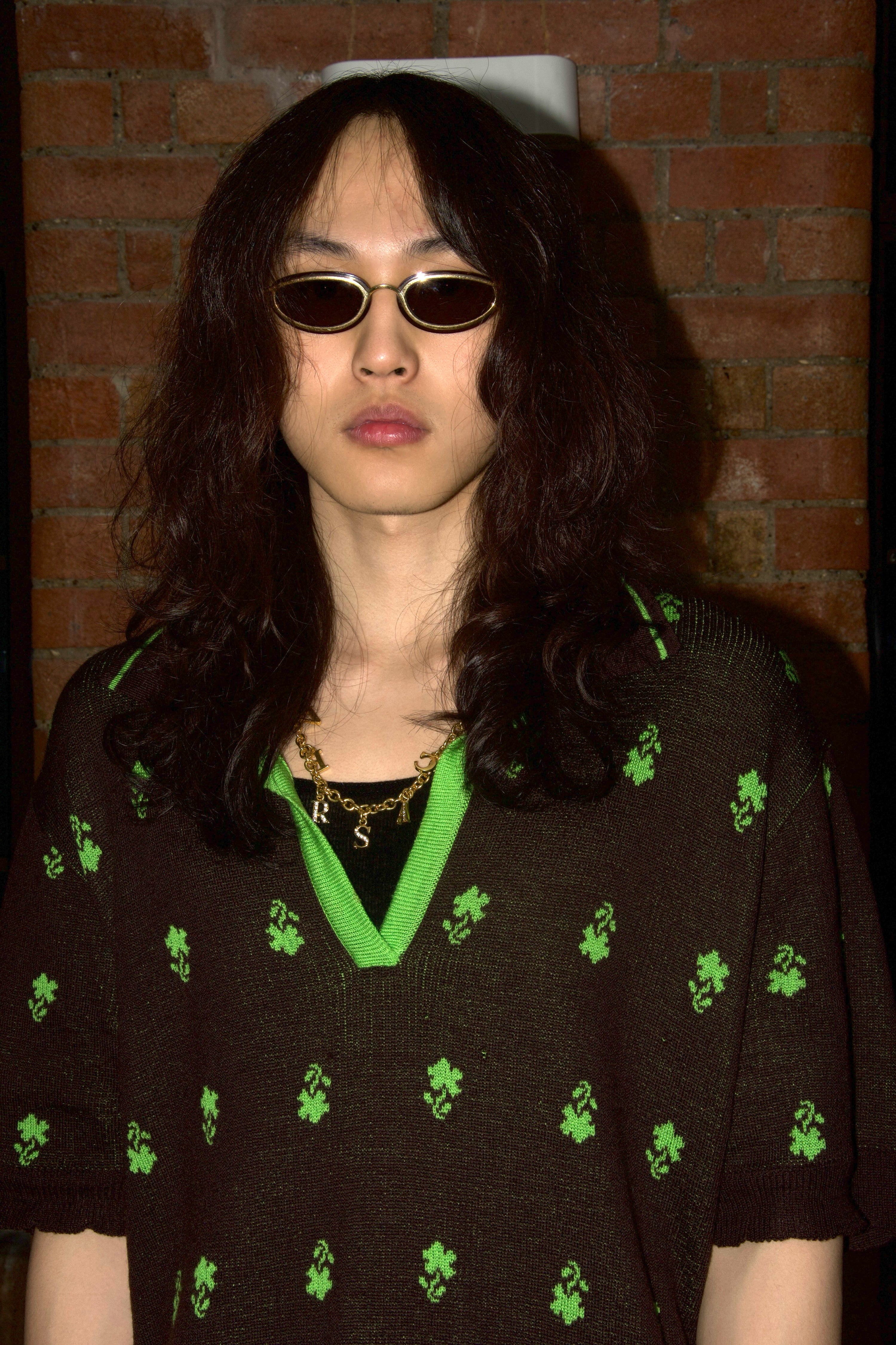 SKARULE Green Floral Jacquard Knit Polo Shirt