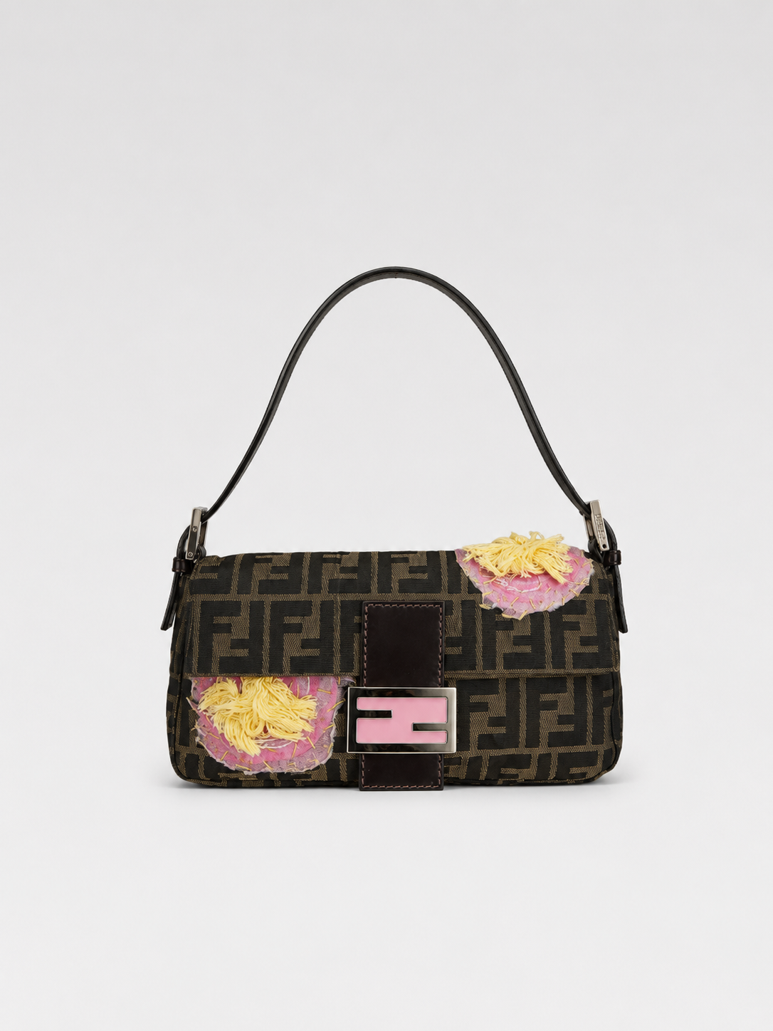 Fendi Zucca Embroidered Floral Baguette Bag – Limited Edition FF Canvas Pink Flower Appliqué Shoulder Bag