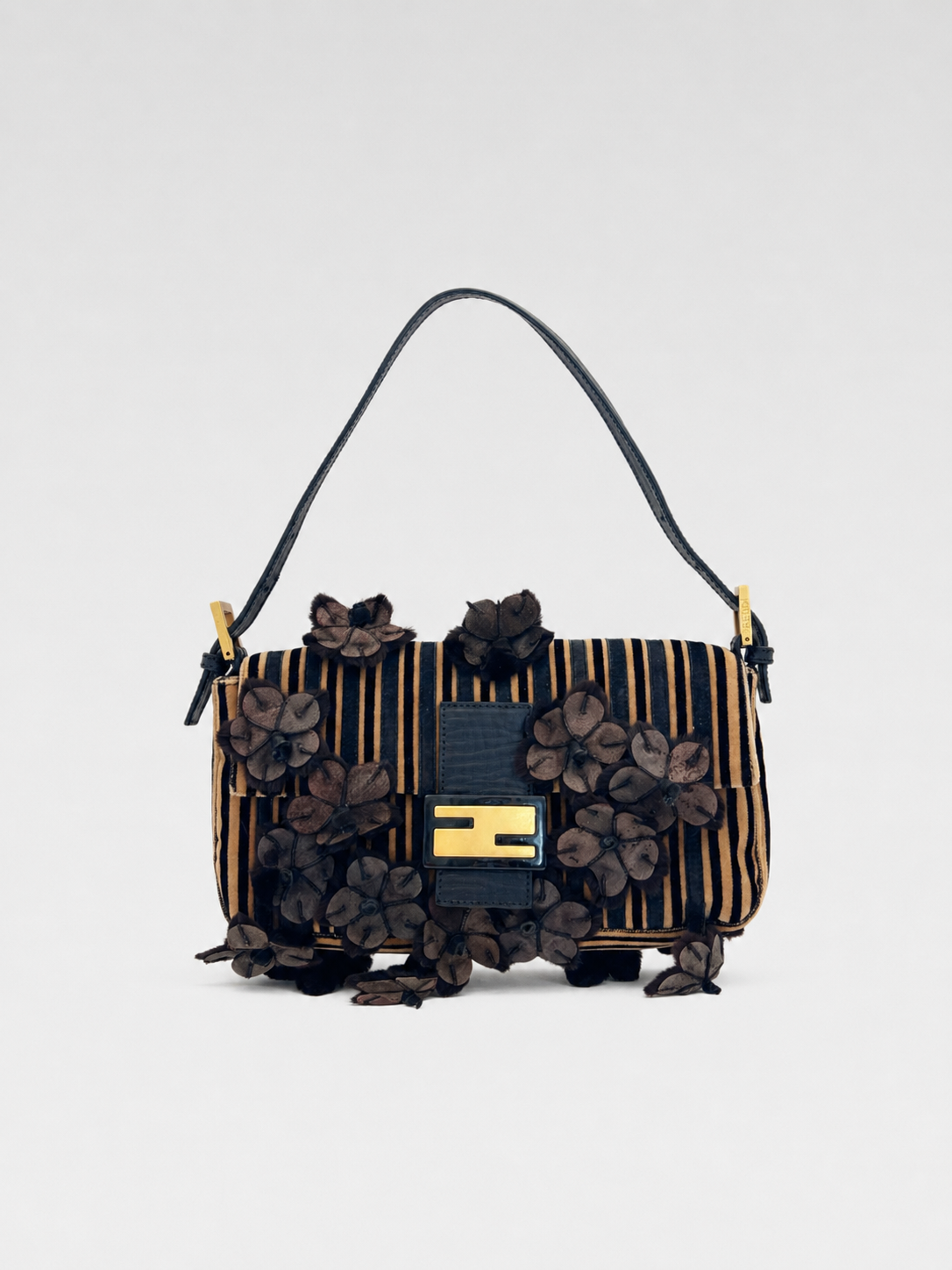 Fendi Rare Velvet Stripe Mink Floral Baguette Shoulder Bag