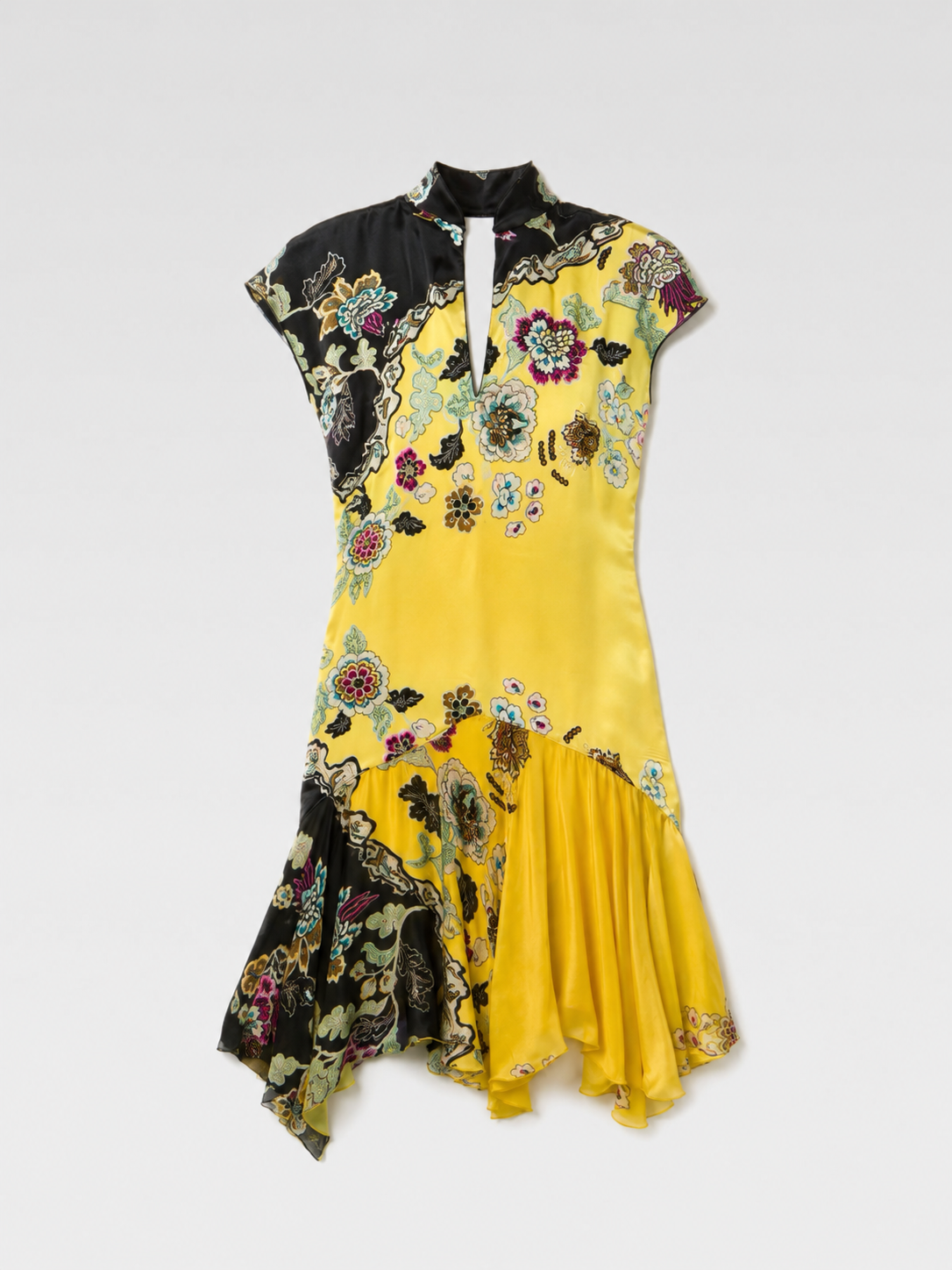 Roberto Cavalli 2003 Runway Silk Dress – Oriental Floral Print Asymmetric Mini Dress Rare Archive Museum Piece Made in Italy