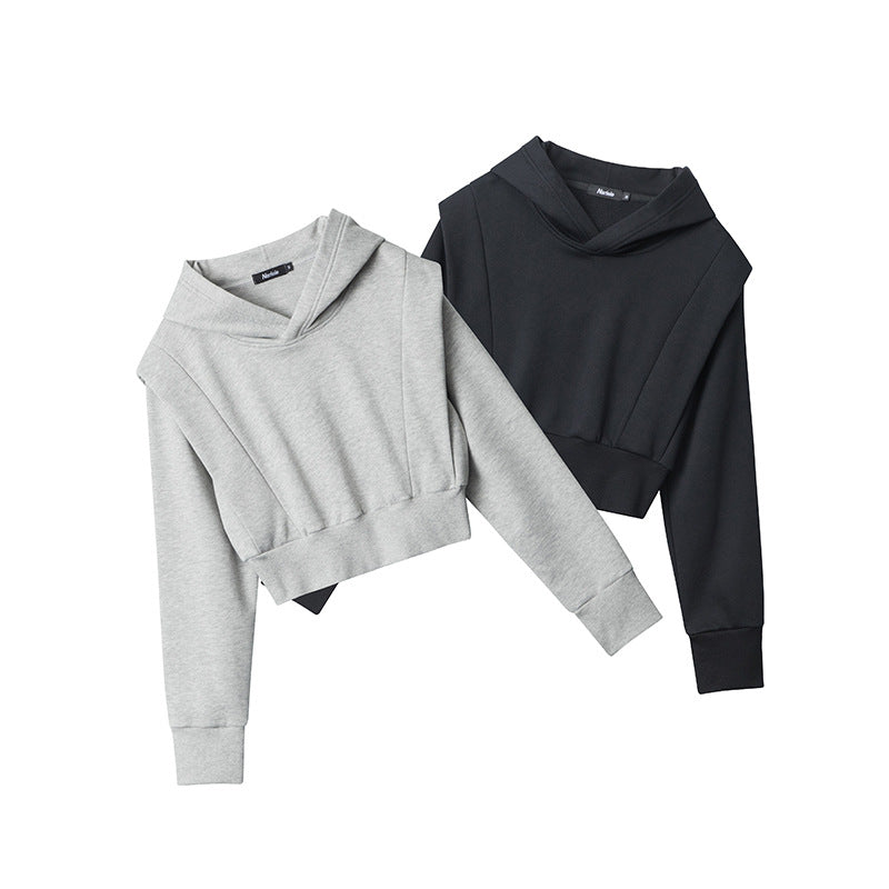 Black and Grey Cotton Poll Over Crop Hoodie Women's
