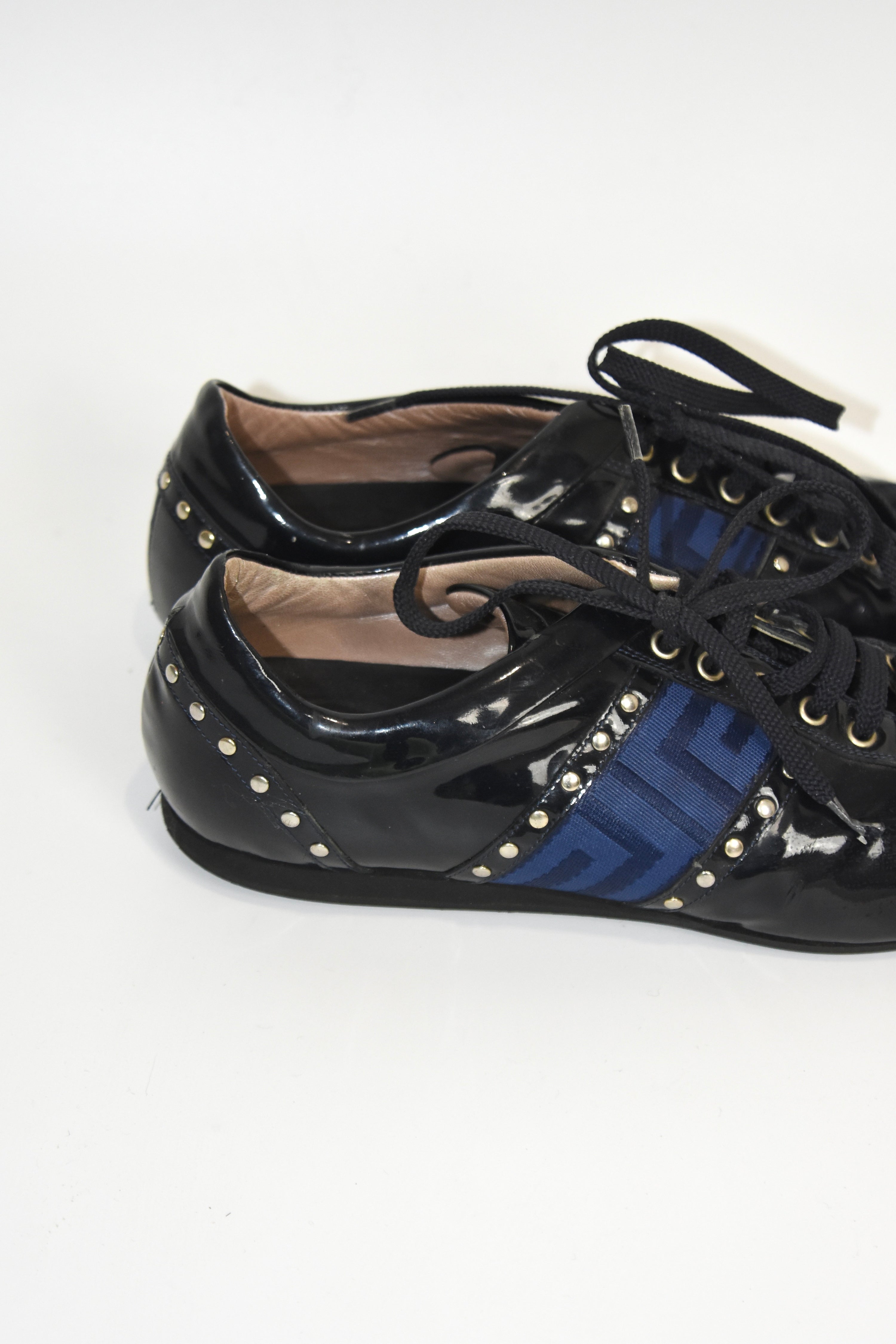 Versace Patent Leather Studded Lace-Up Sneakers – Size 37 (Made in Italy / Blue Greek Key / Archive)
