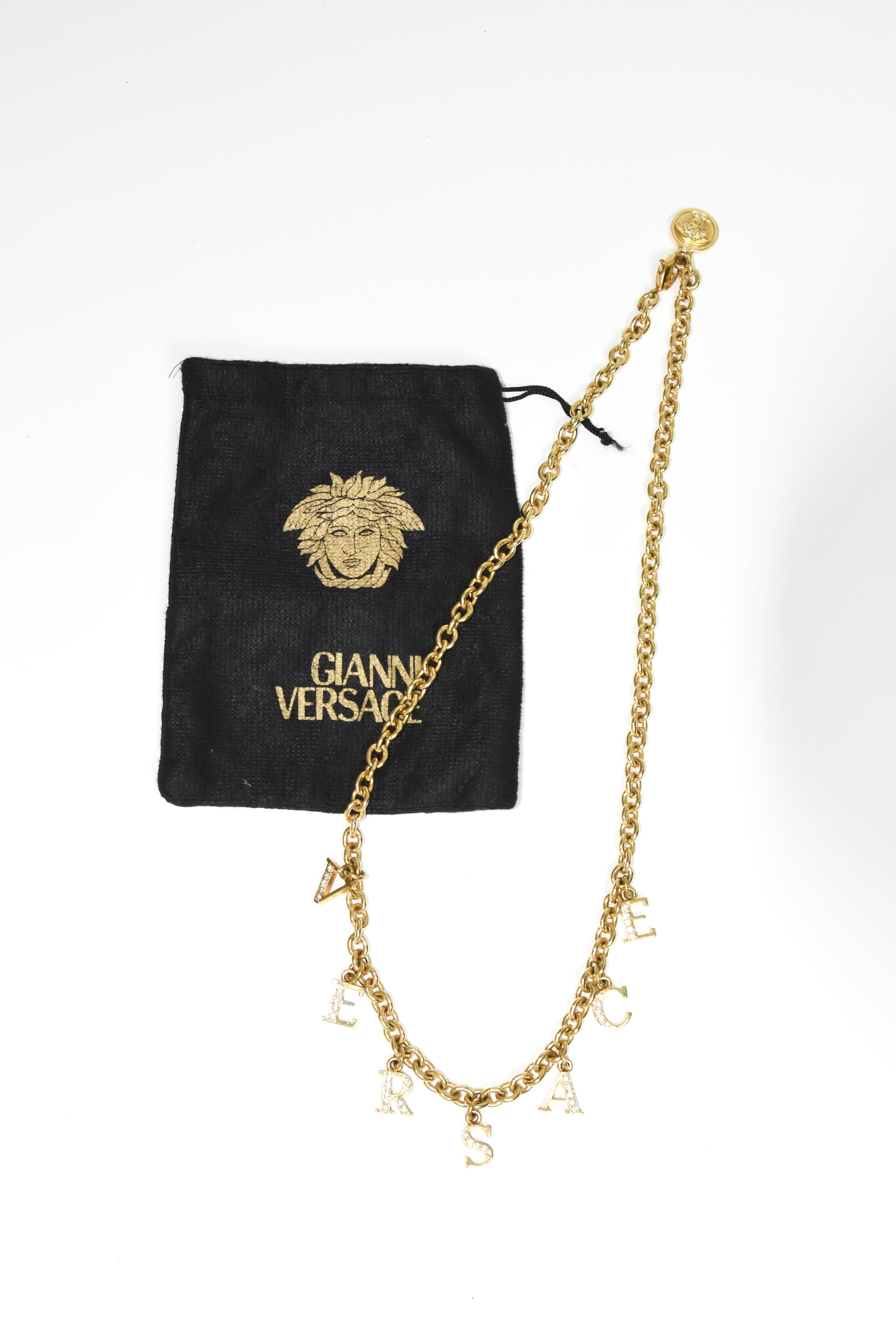 VERSACE Rhinestone Logo Gold Chain Necklace