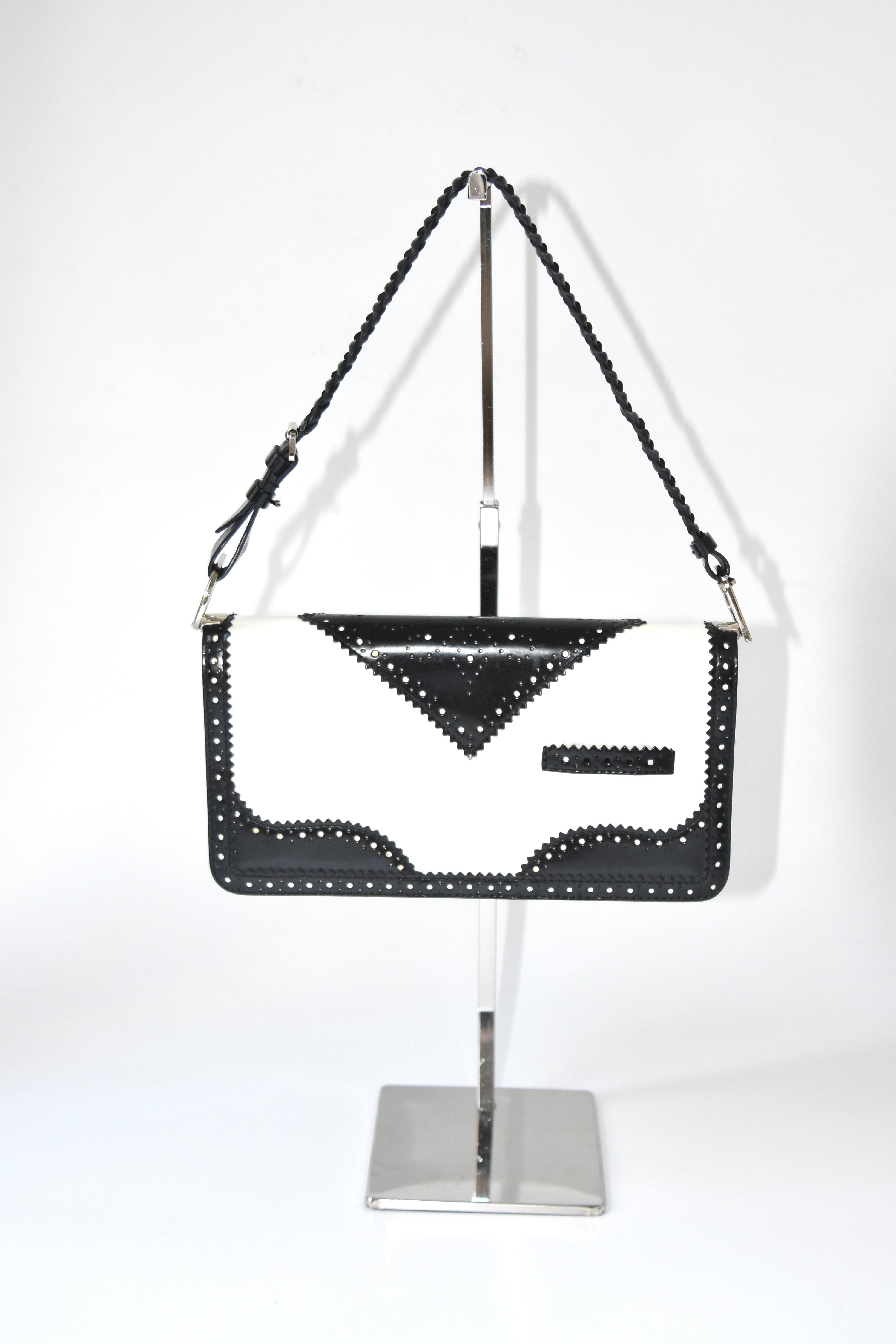 Christian Dior Black & White Pierced Edge Leather Shoulder Bag