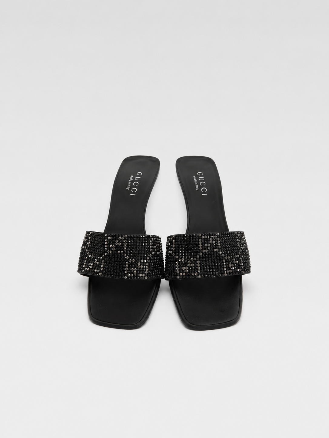 Gucci by Tom Ford 1998 Crystal GG Logo Heeled Sandals – Black Rhinestone Mule Heels