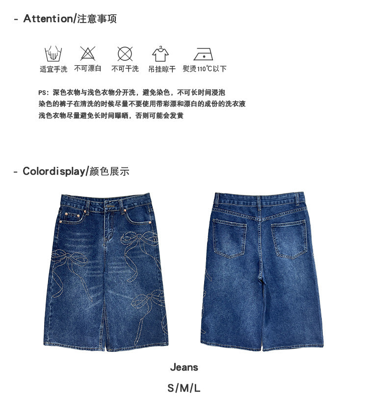 Rhinestone Bowknot Denim Shorts for Women Summer Shiny Wide-Leg Capri Pants