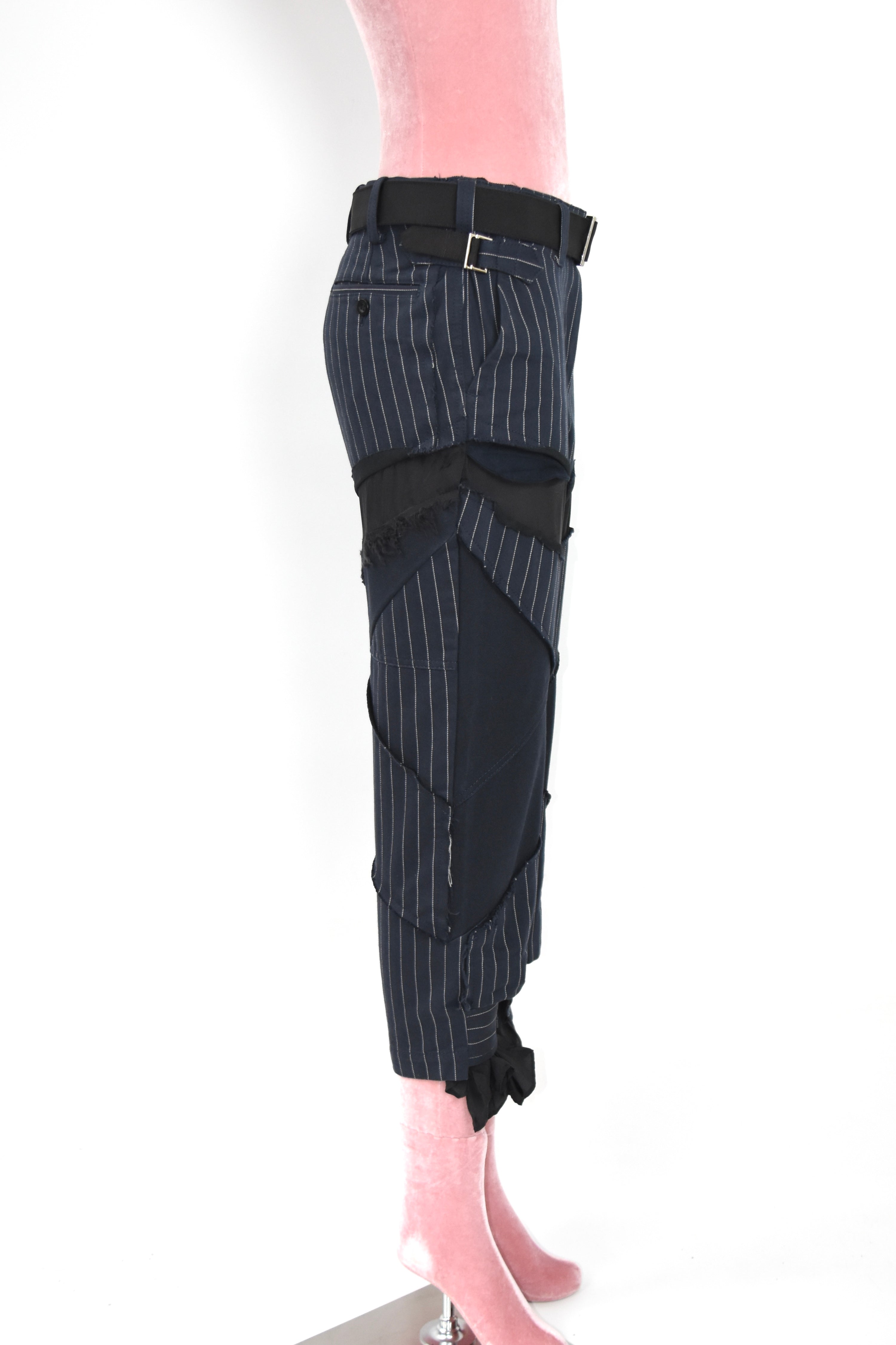 SACAI Hybrid Pinstripe Panel Deconstructed Pants – Model 18-03791 – Size 0 (Runway Construction / Japan Made)