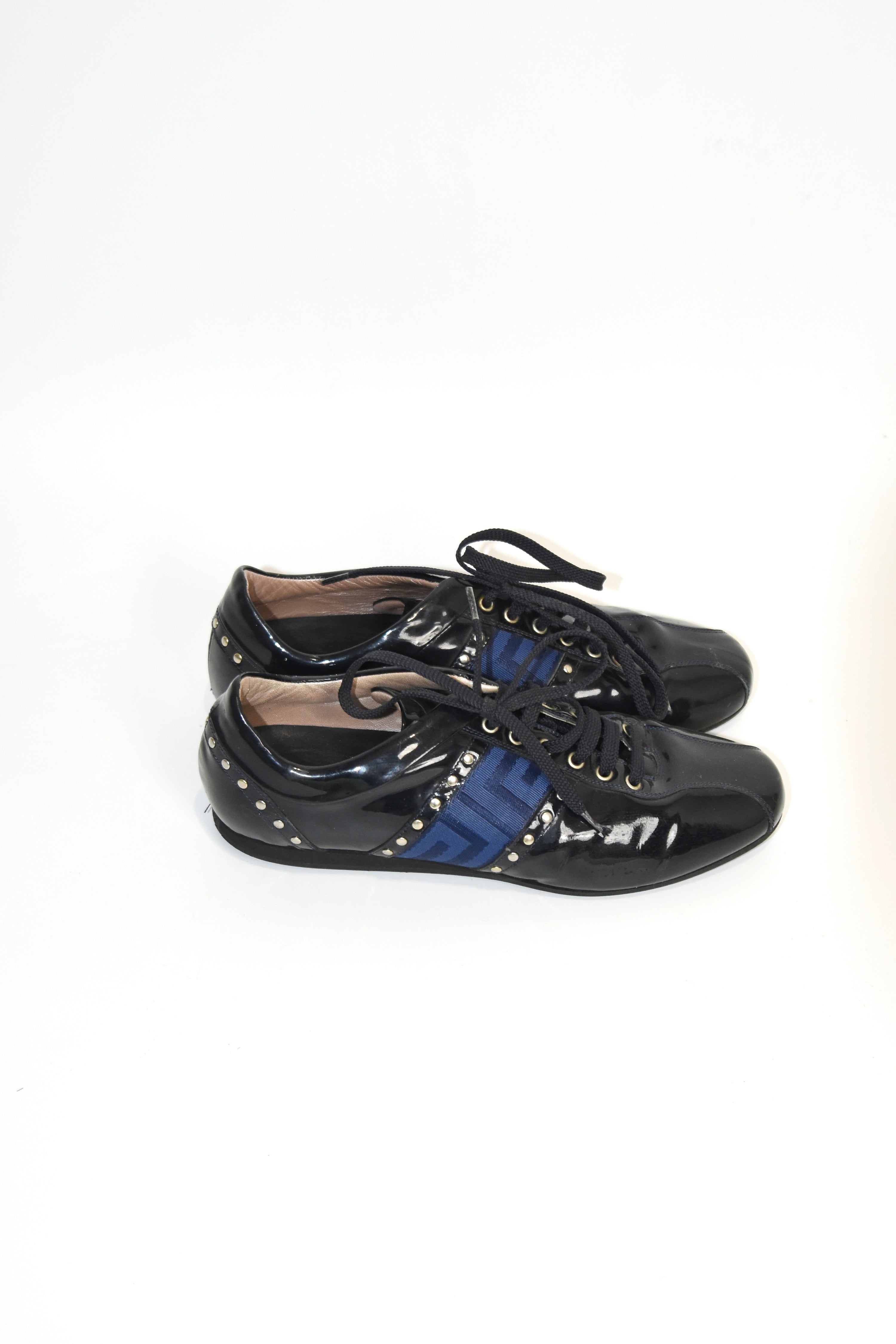 Versace Patent Leather Studded Lace-Up Sneakers – Size 37 (Made in Italy / Blue Greek Key / Archive)