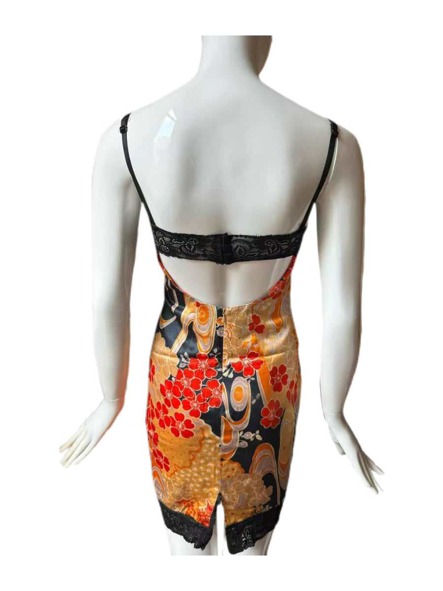 Dolce & Gabbana Y2K Runway Silk Oriental Print Lace Slip Dress – Rare Archive Corset Mini Dress