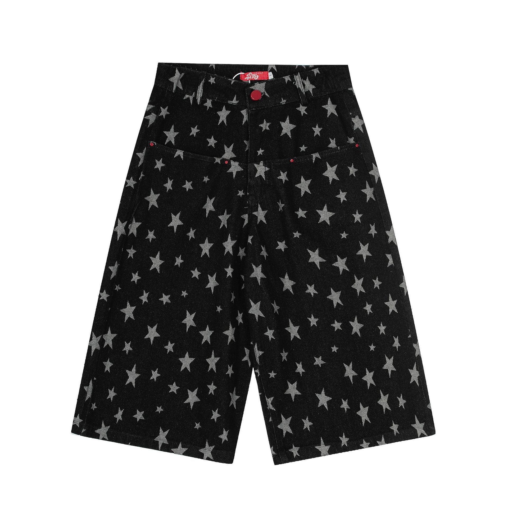 Blue and Bllack Y2K Stars Denim Shorts Straight Jeans