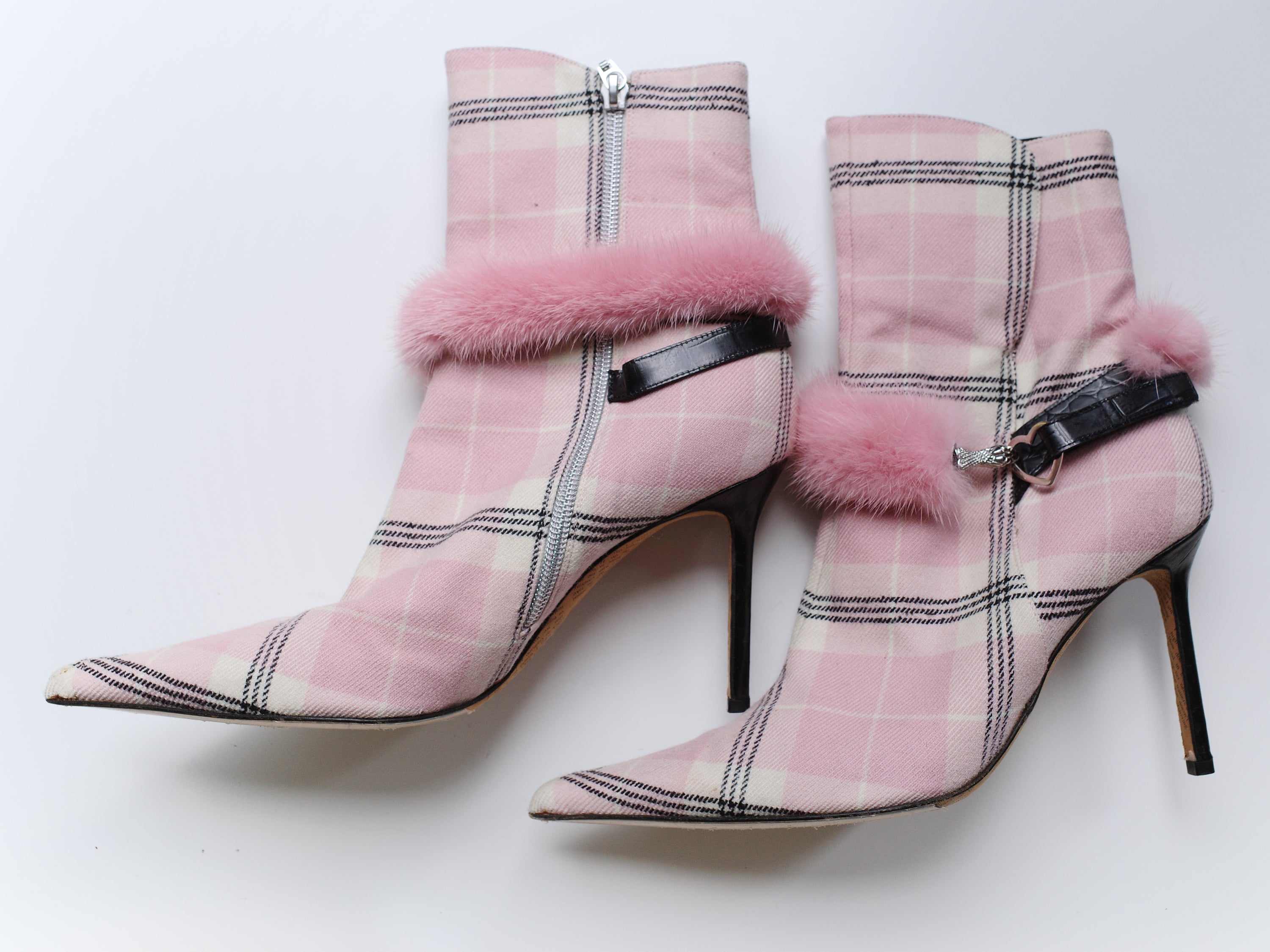 John Galliano Pink Check & Faux Fur Y2K Heeled Boots