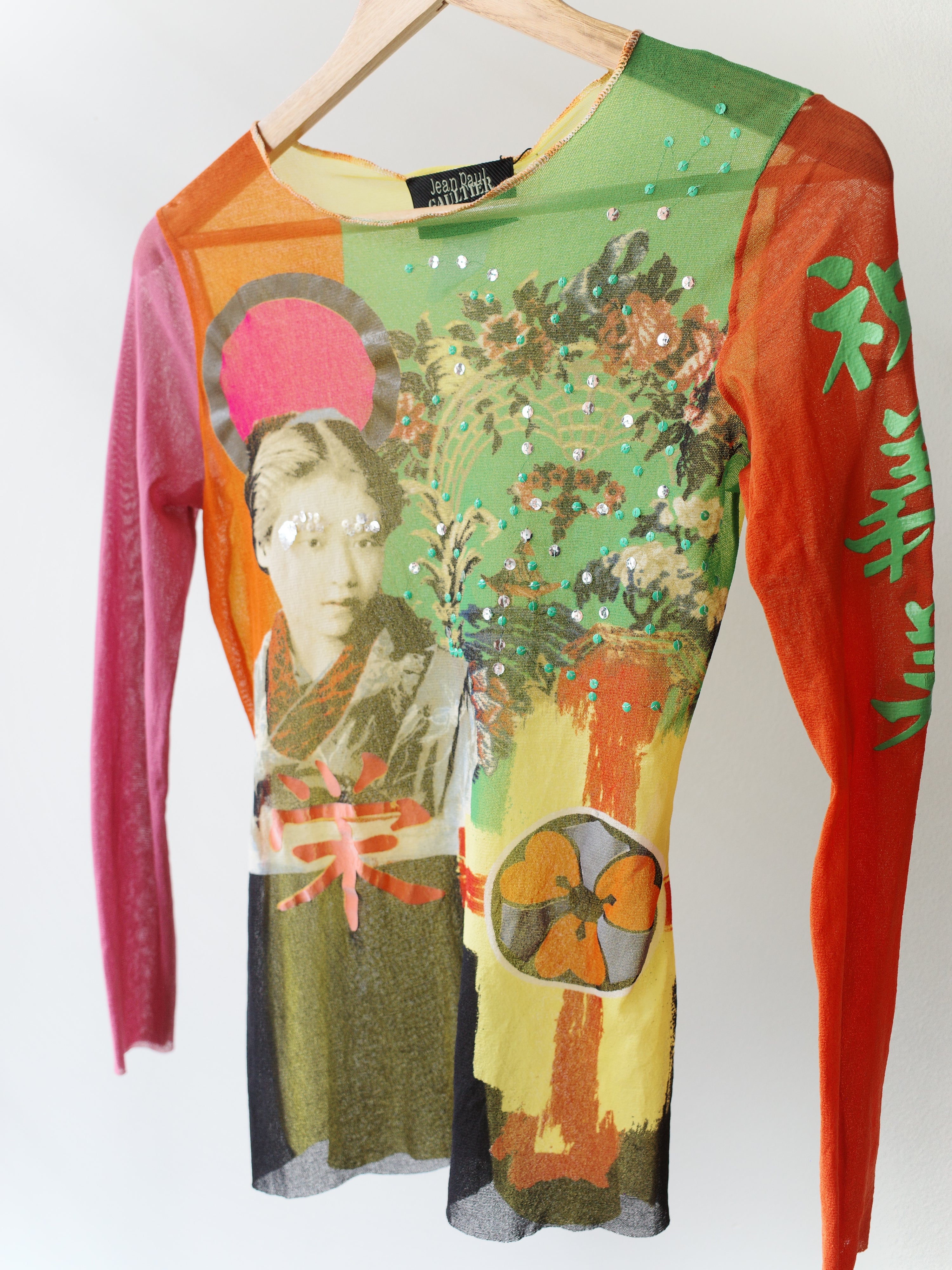 Jean Paul Gaultier Vintage Mesh Portrait Top with Chinese Characters