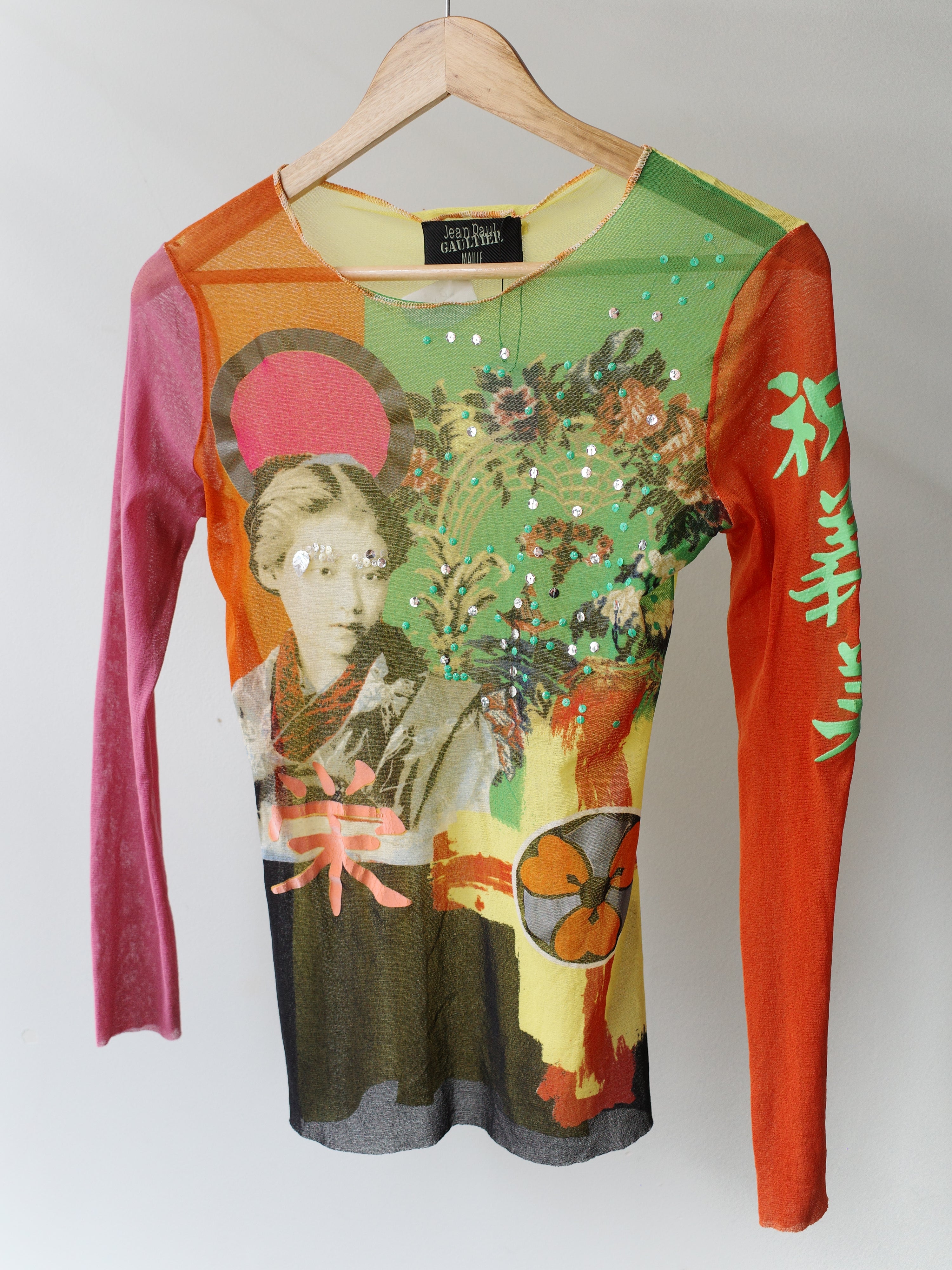 Jean Paul Gaultier Vintage Mesh Portrait Top with Chinese Characters