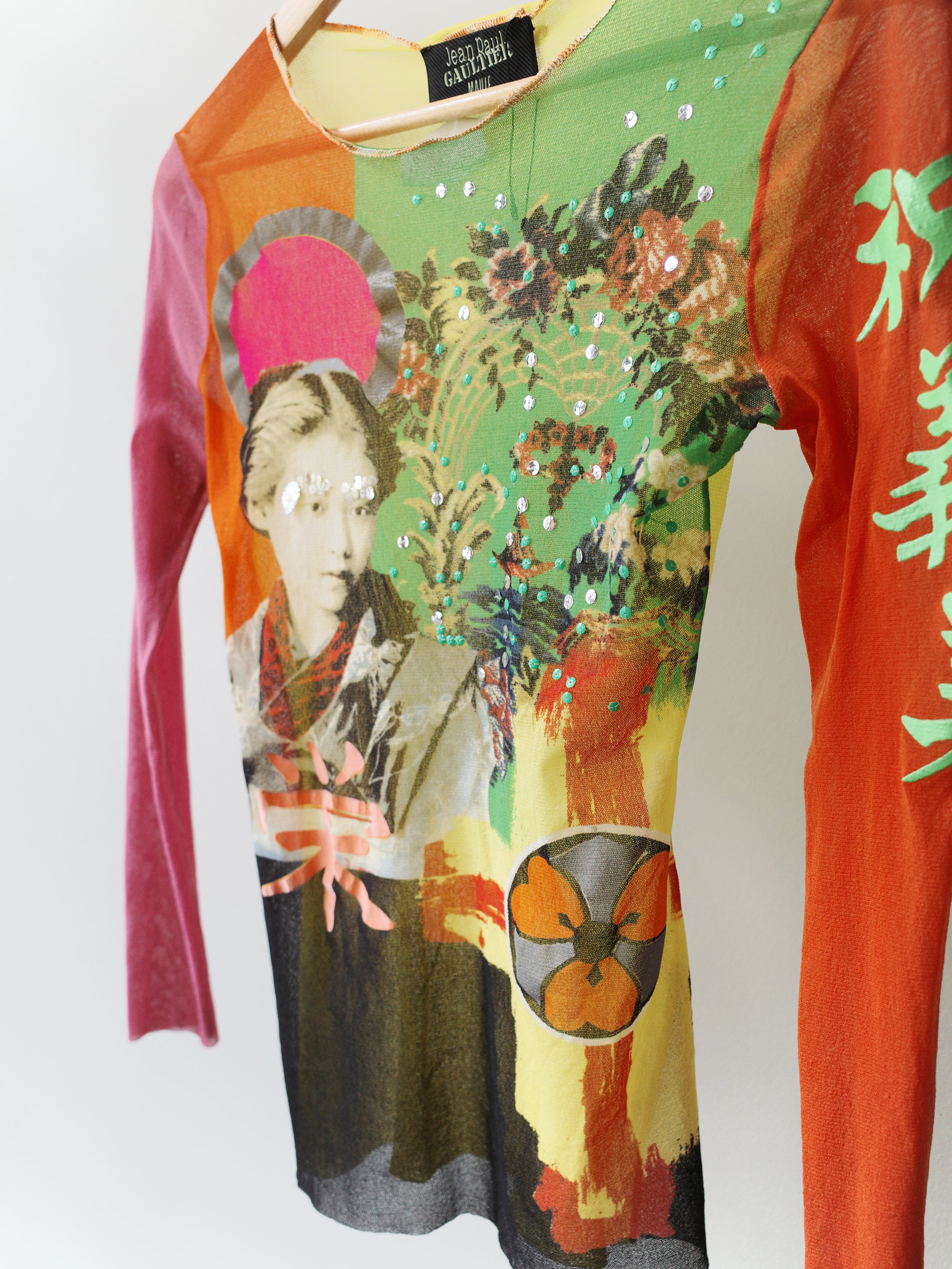 Jean Paul Gaultier Vintage Mesh Portrait Top with Chinese Characters