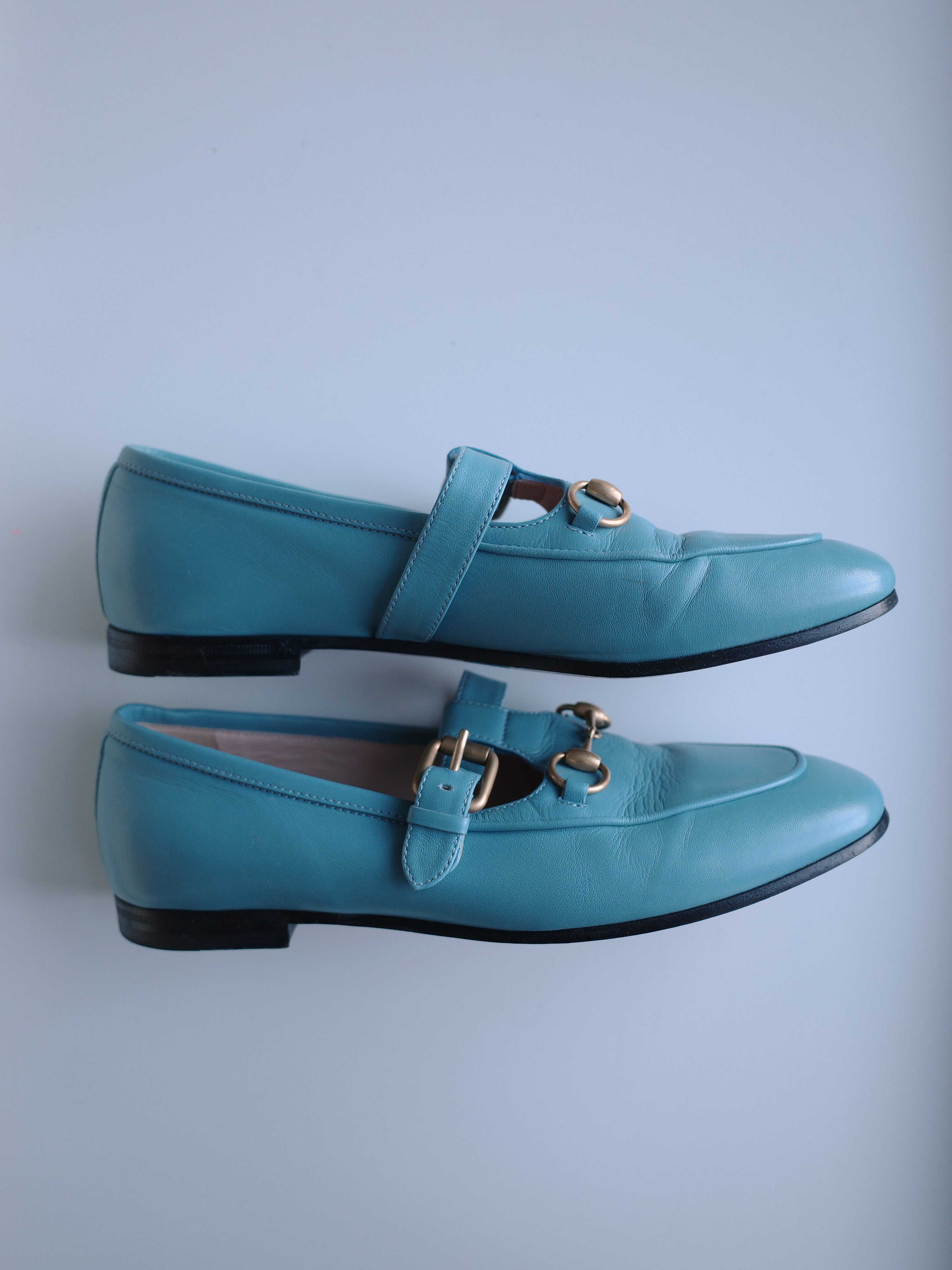 GUCCI Sky-Blue Leather Mary Jane Horsebit Loafers – Wood 木