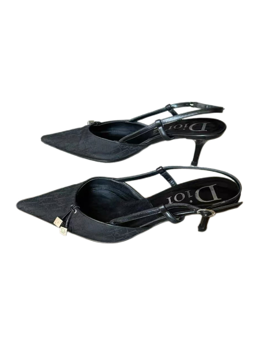 CHRISTIAN DIOR BY JOHN GALLIANO Rare Black Oblique Dice Monogram Pointed-Toe Slingback Heels