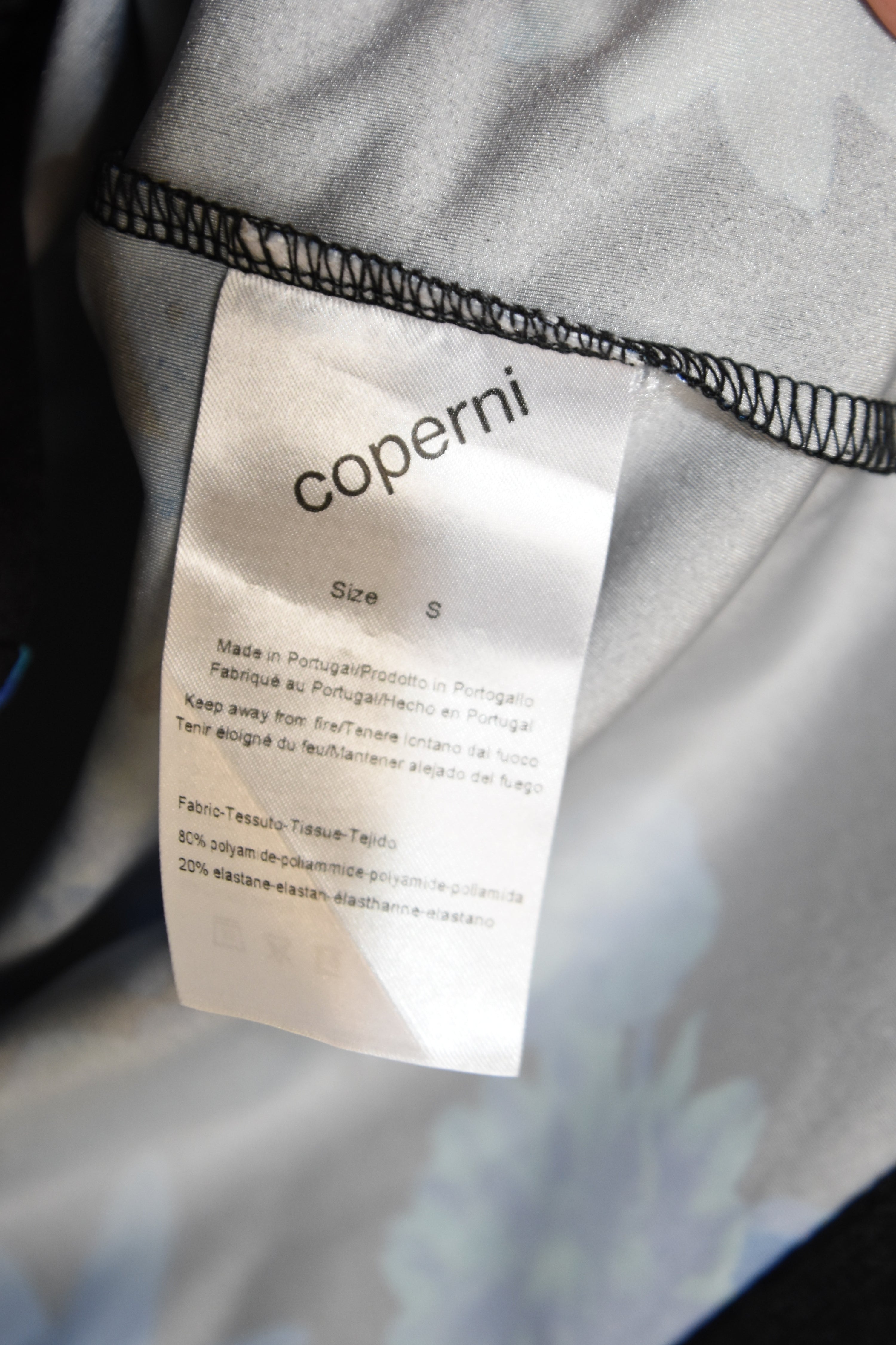 Coperni Blue Floral Stretch Glossy Top – Women’s Size S (Digital Print / Mock Neck / Technical Jersey)