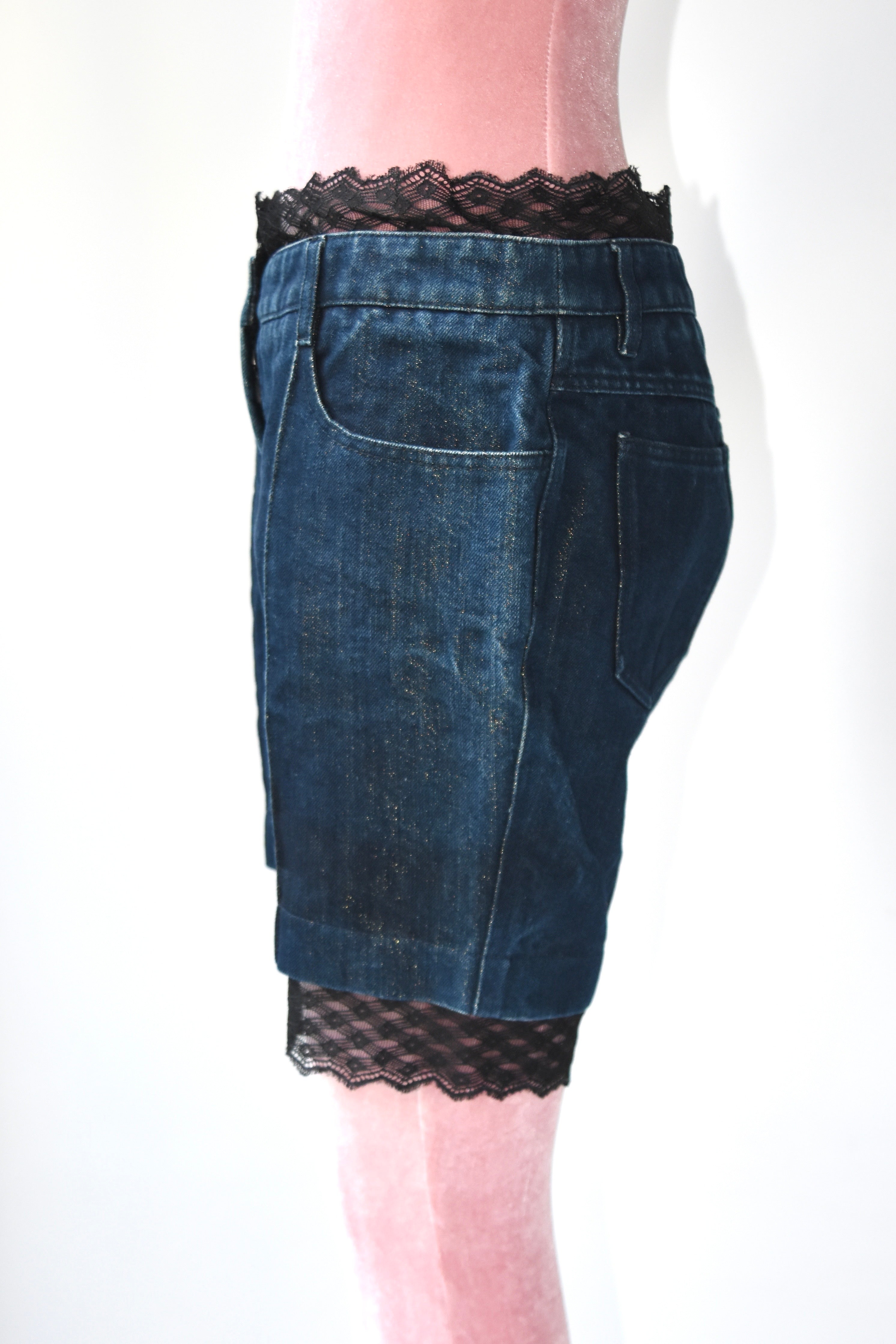 CHANEL S/S 2007 Gold Lurex Denim Lace Shorts – Size 40 (Made in Italy, Archive Runway Detail)