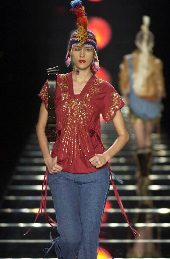 CHRISTIAN DIOR BY JOHN GALLIANO 2002 Runway Embroidered Denim Lace-Up Trousers with Mother-of-Pearl & Metal Waist Plaque