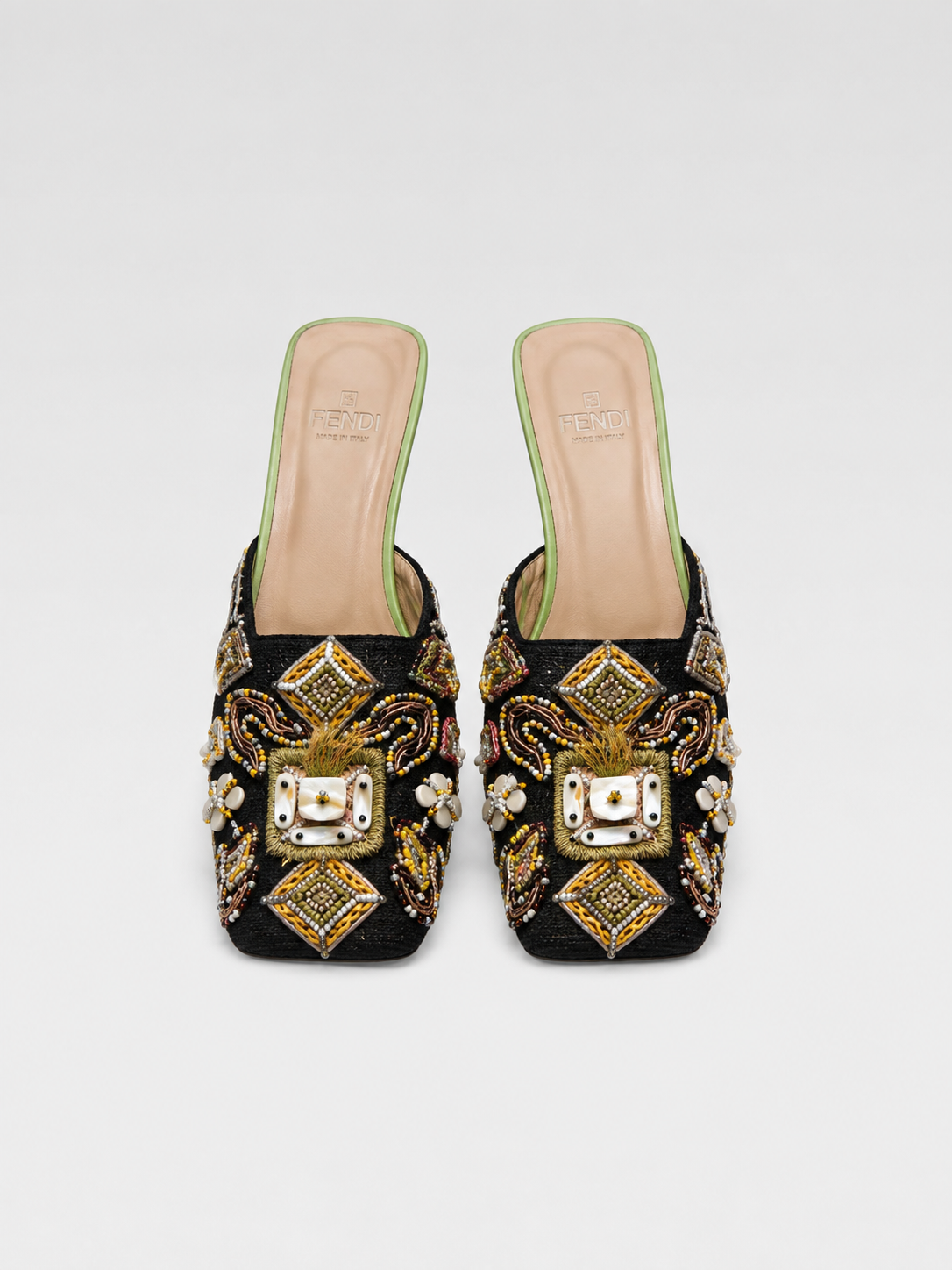 Fendi Black Satin Embroidered & Beaded Heels