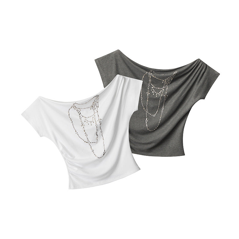 Off-shoulder design one-shoulder spicy short style T-shirt 2025 New summer short-sleeved off-shoulder top for women