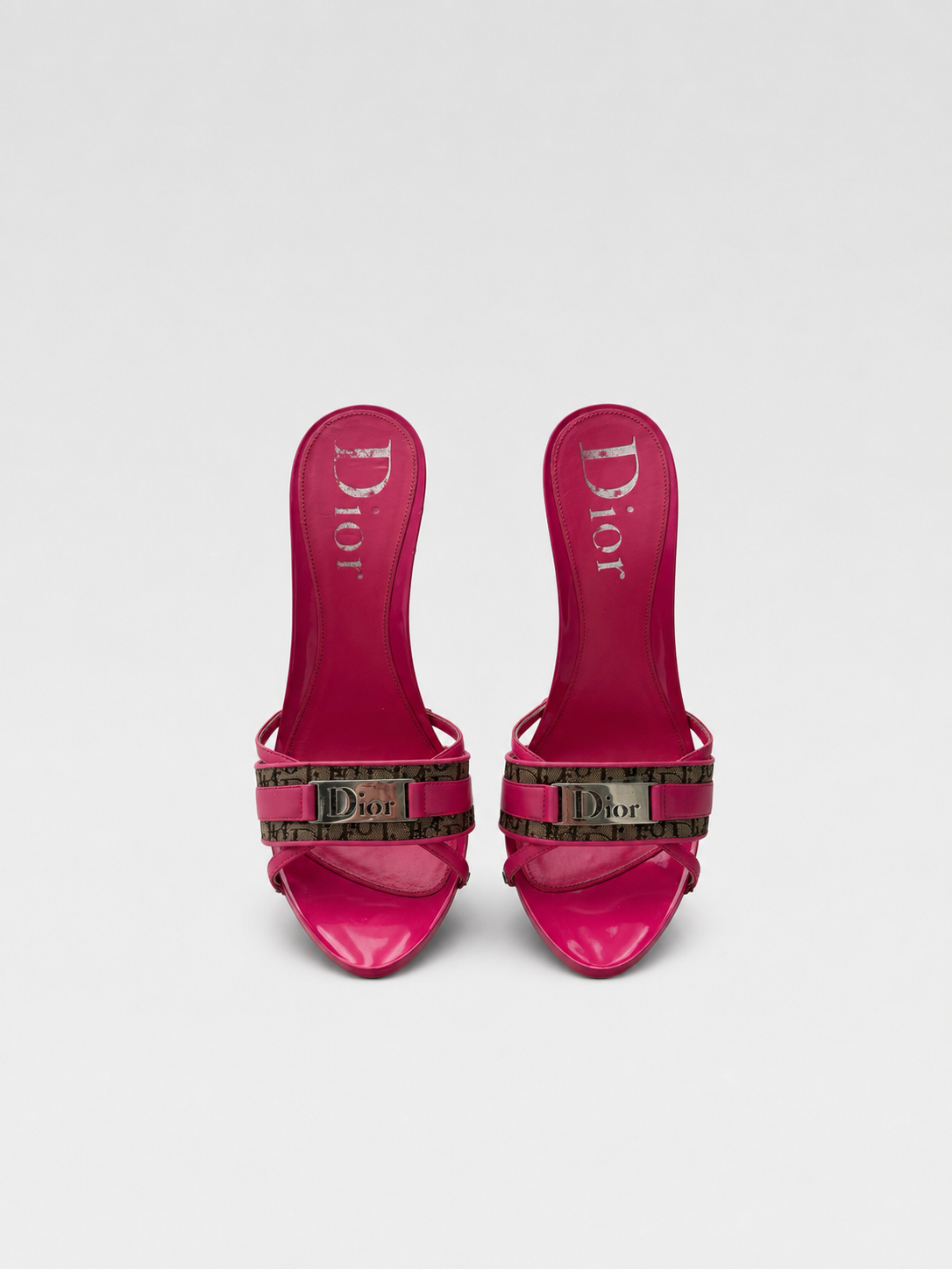Christian Dior by John Galliano 2005 SS Vintage Pink Monogram Logo Mule Heels Patent Leather Sandals Rare Archive Size 37.5