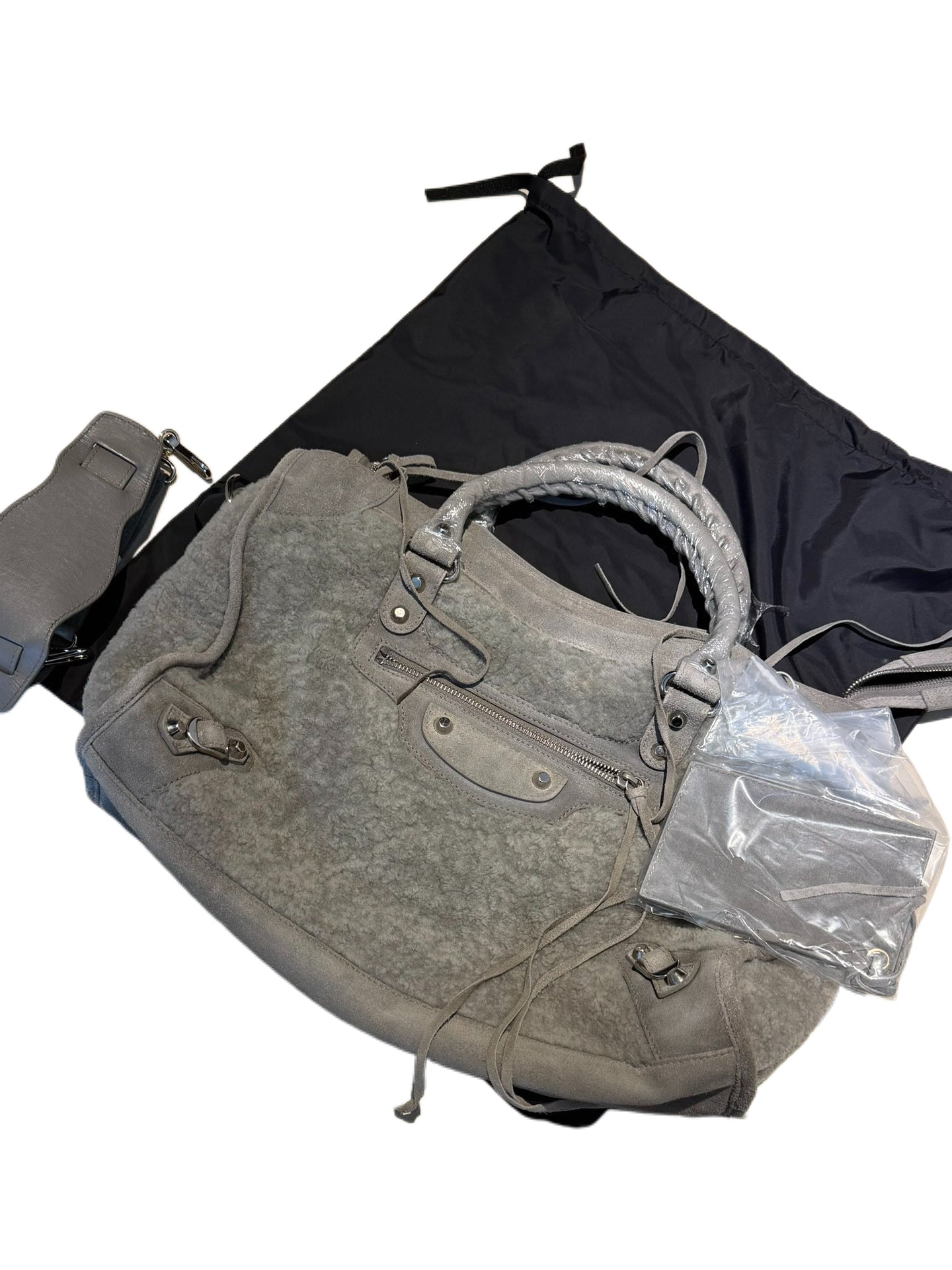 BALENCIAGA Rare Grey Shearling Suede City Bag — Medium